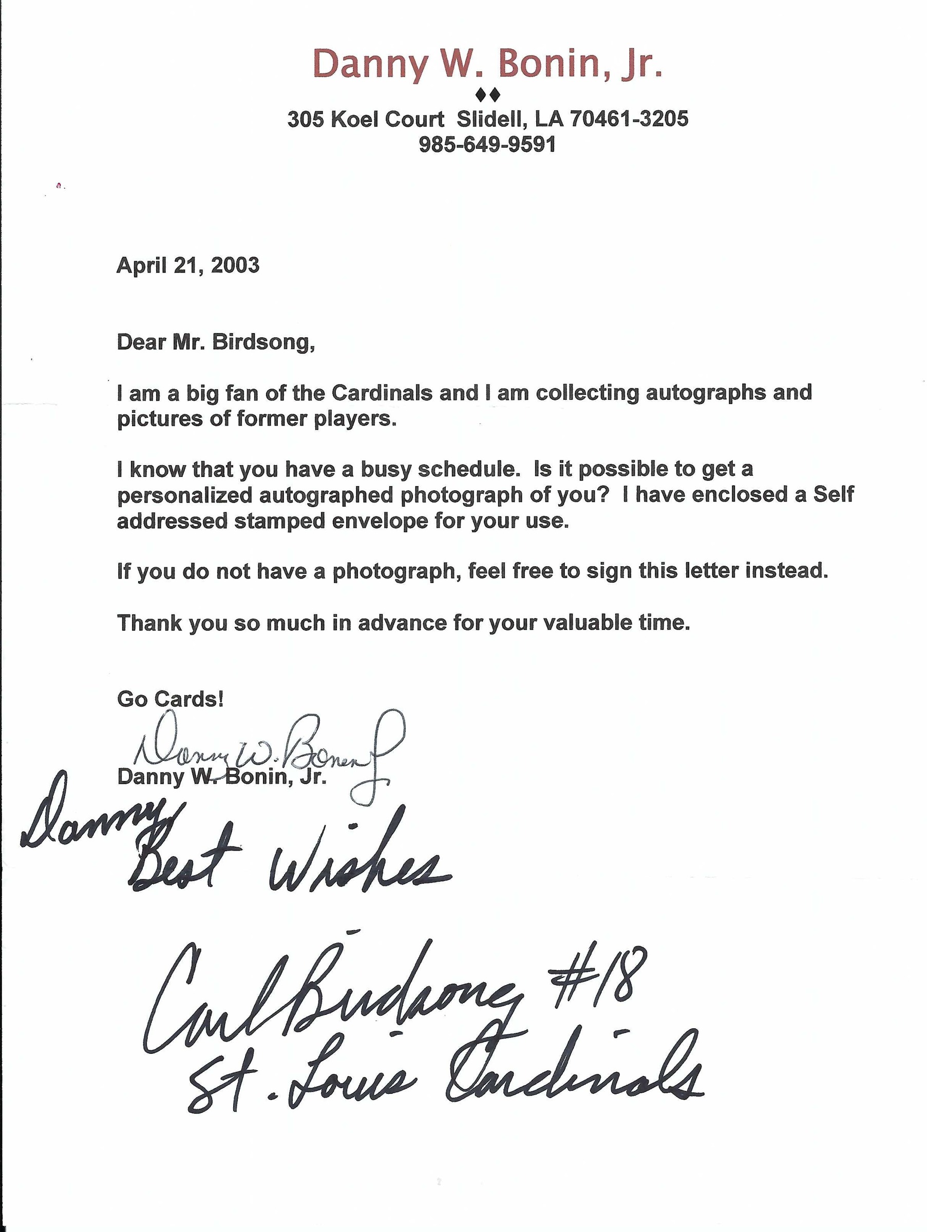 Signed item for Autograph #74 – Carl Birdsong – St Louis Cardinals – NFL
