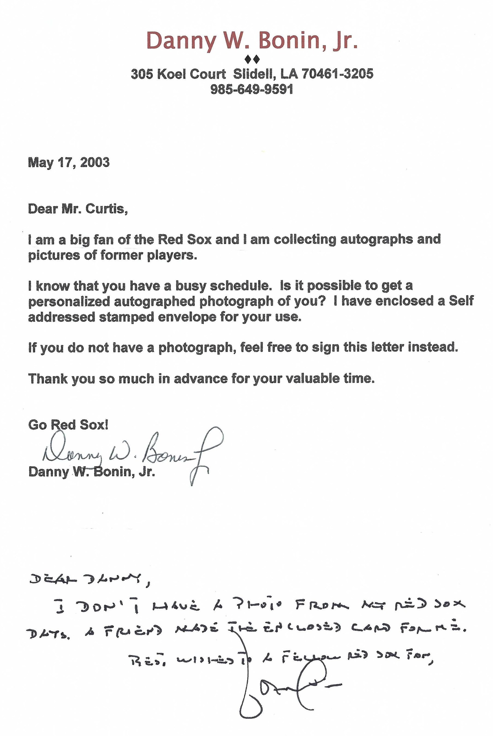 Signed item for Autograph #79 – John Curtis – Boston Red Sox – MLB