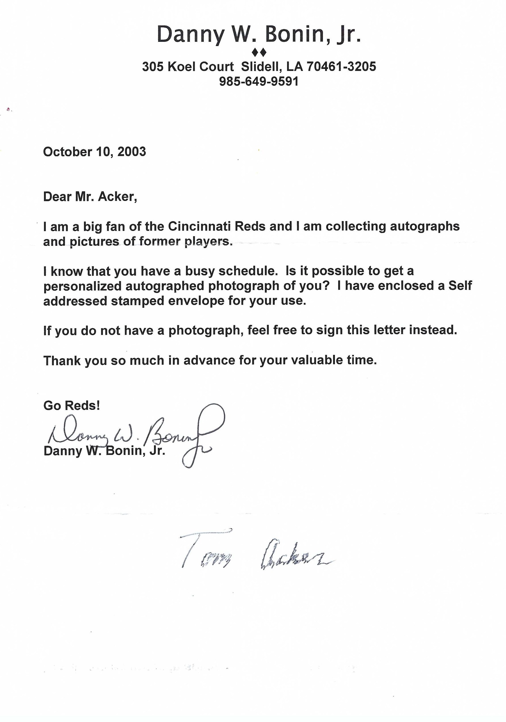 Signed item for Autograph #82 – Tom Acker – Cincinnati Red Legs – MLB