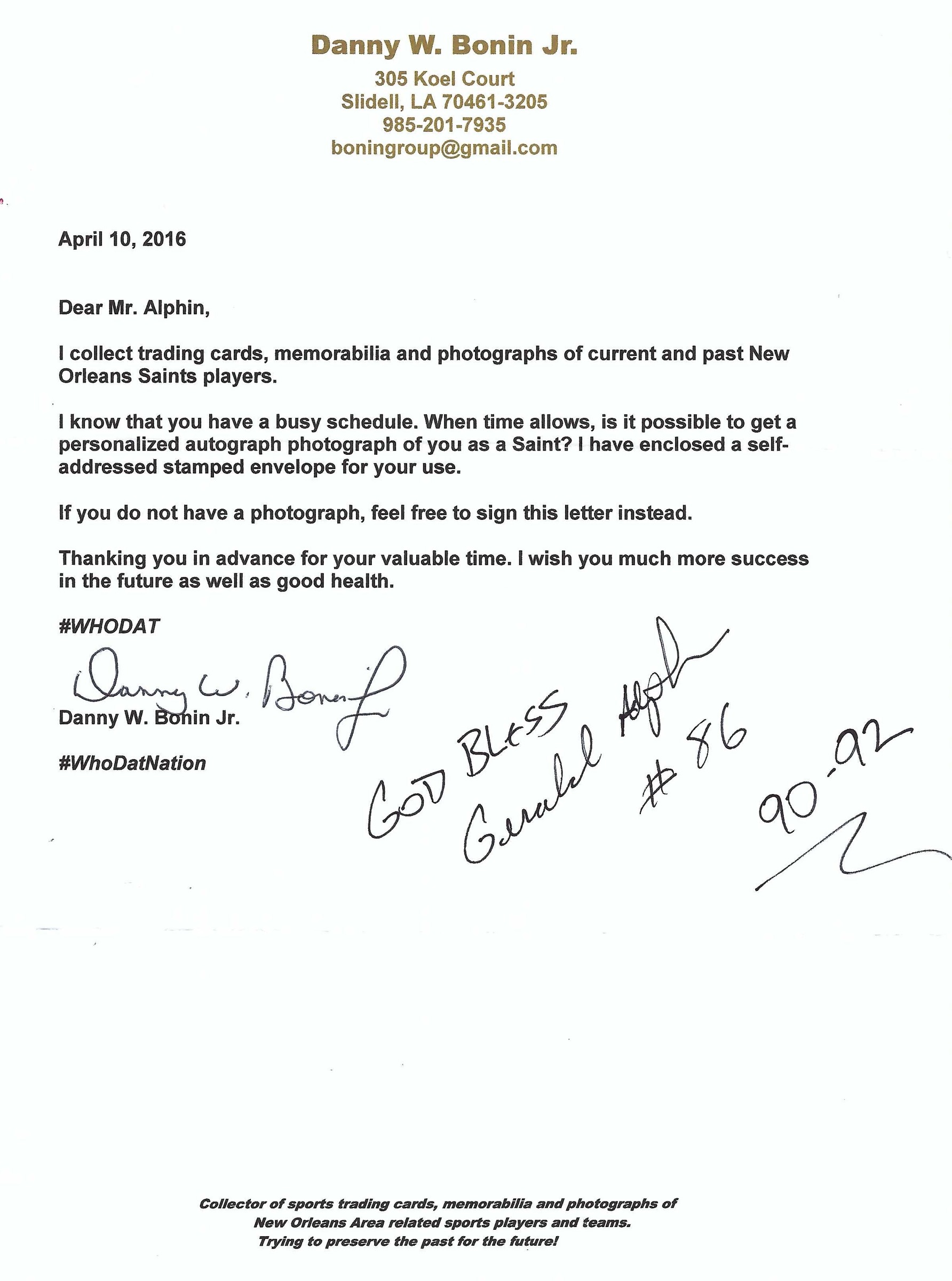 Signed item for Autograph #84 & 85 – Gerald Alphin – New Orleans Saints – NFL