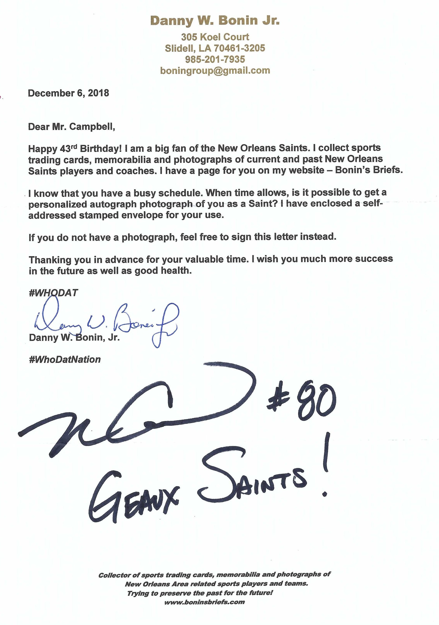 Signed item for Autograph #88 – Mark Campbell – New Orleans Saints – NFL