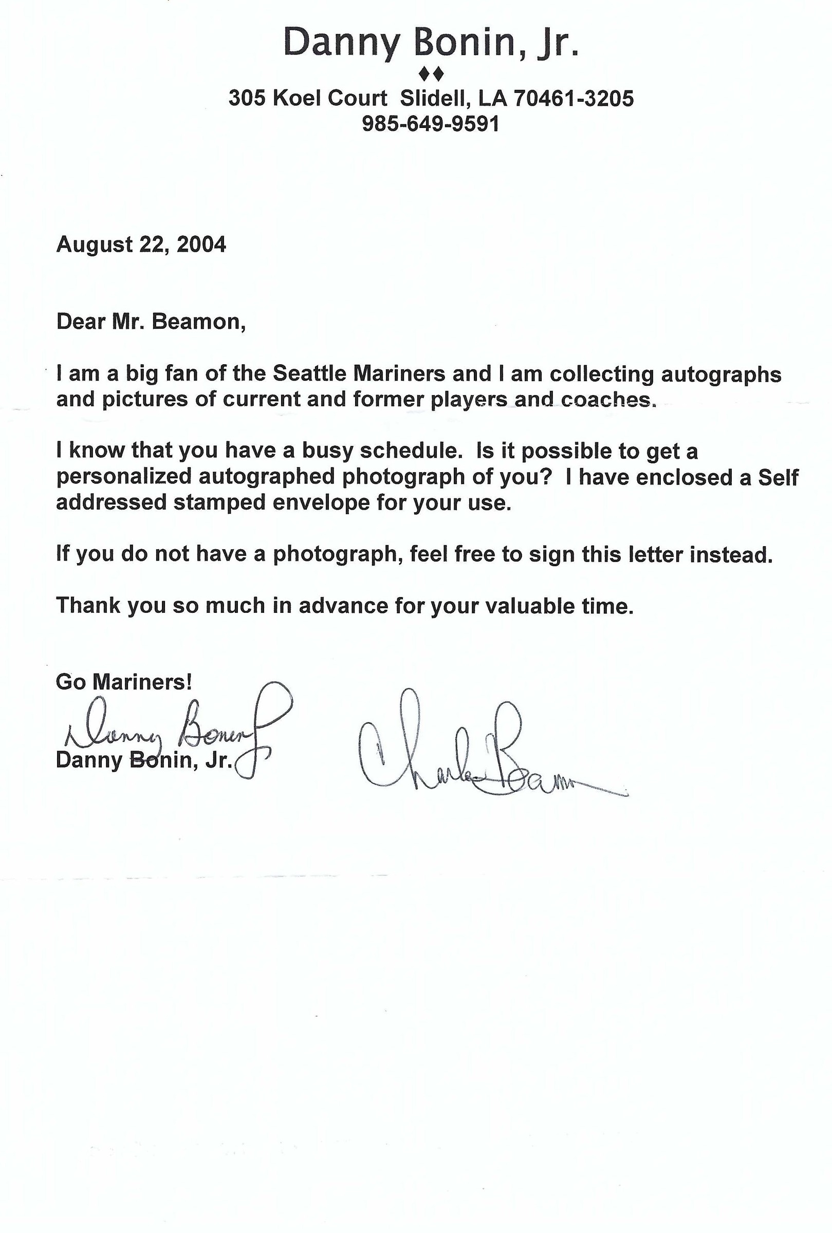 Signed item for Autograph #98 – Charlie Beamon, Jr – Seattle Mariners – MLB