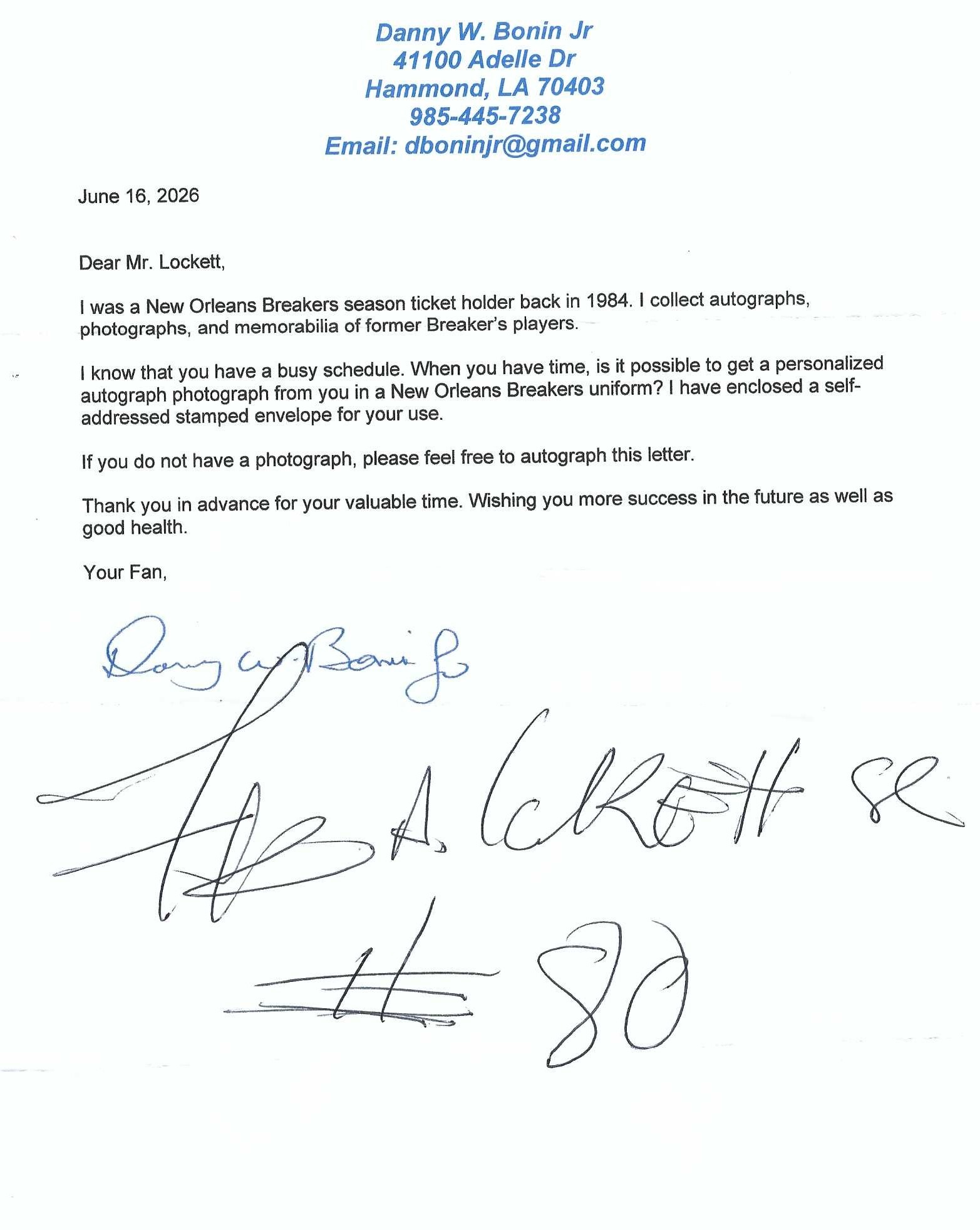 Signed item for Autographs #389 & 390 – Frank Lockett – New Orleans Breakers – USFL