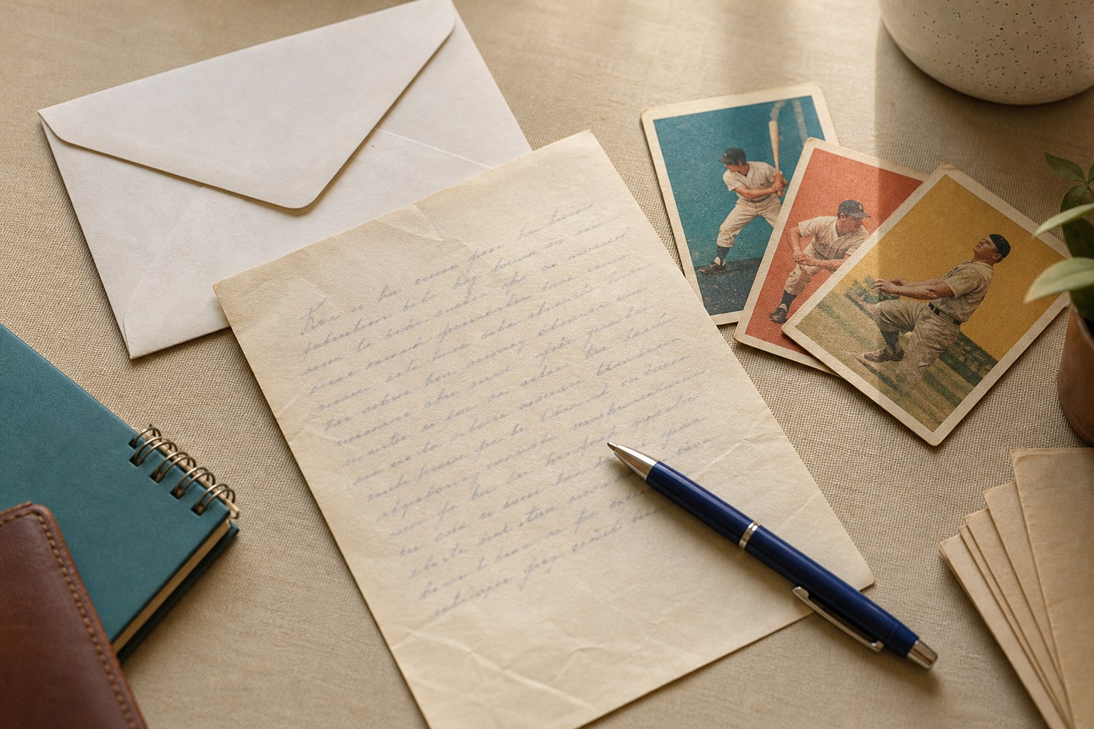 A handwritten letter, envelopes and vintage sports cards on a collector's desk