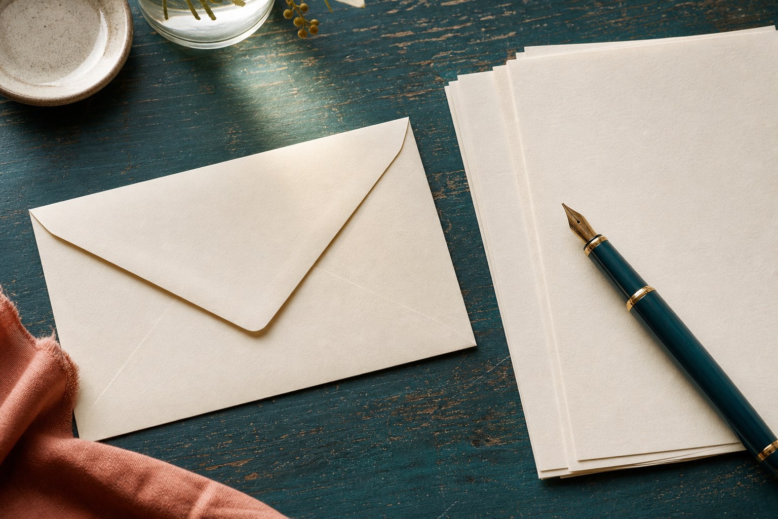 A blank envelope, stationery and fountain pen ready for a personal letter