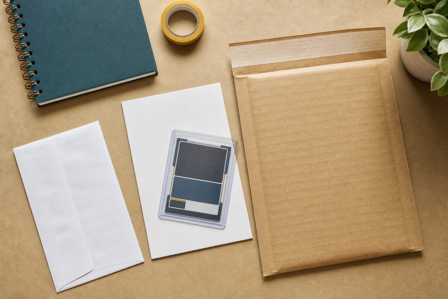 A sleeve-protected generic trading card and flat mailer materials on a desk