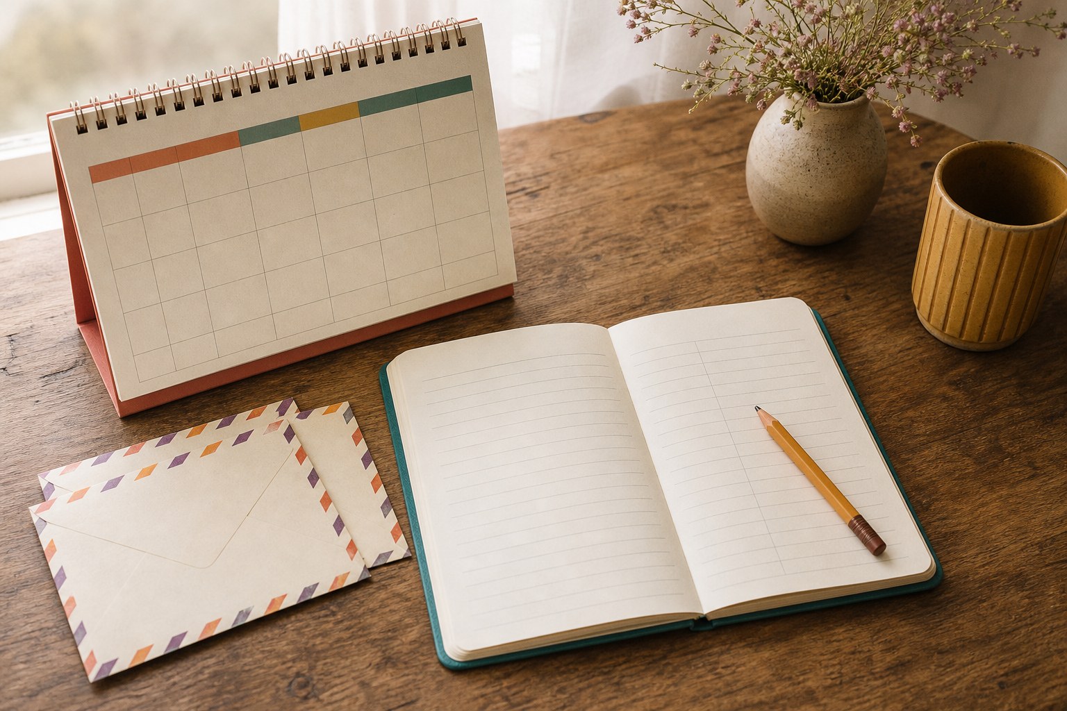 A collector's notebook, calendar, envelopes and pencil used for tracking mail