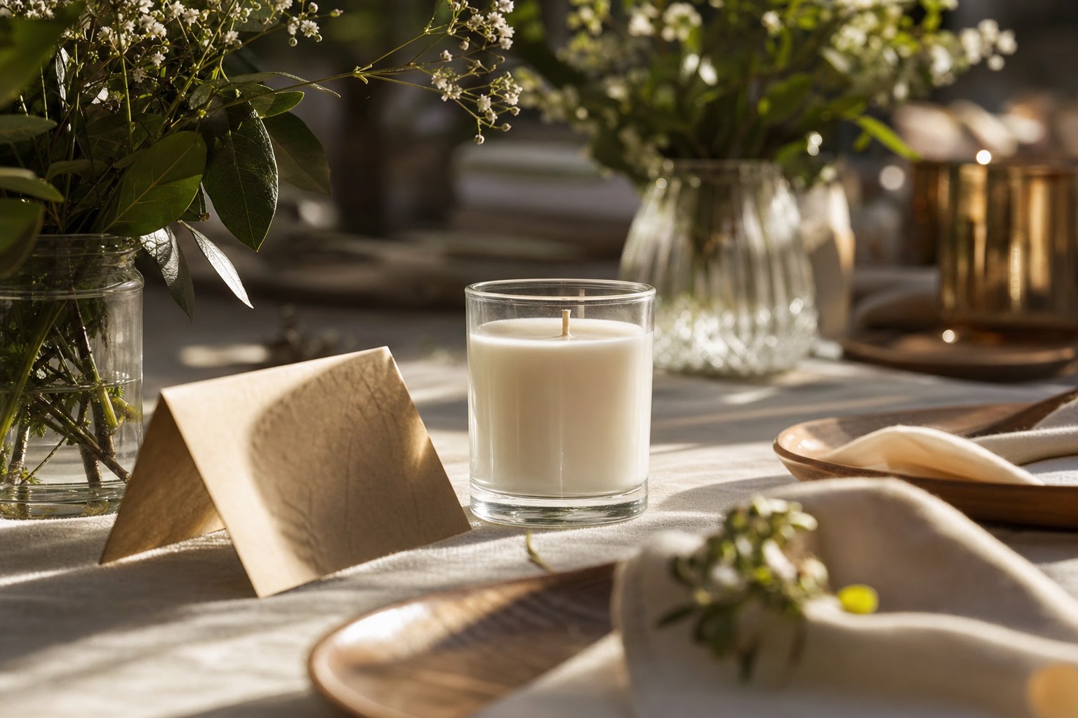 An unlit finished candle on a table set for a small gathering