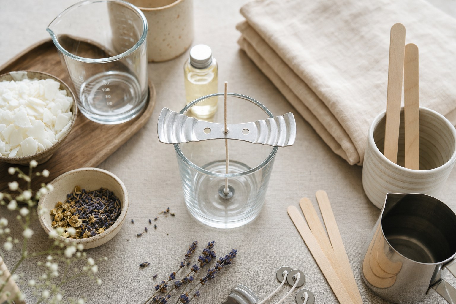 A neatly prepared candle-making workstation with a centered wick and tools