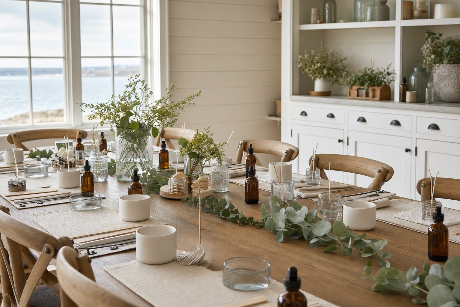 A table prepared for a small candle-making workshop by the water