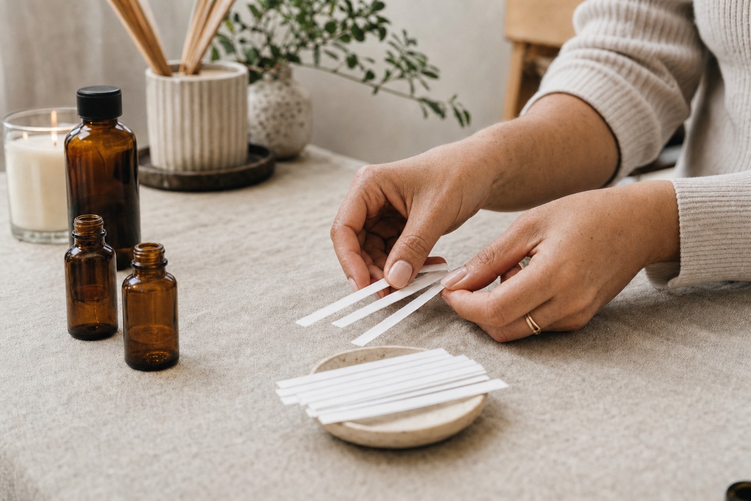 Hands comparing fragrance blotter strips at a candle-making table