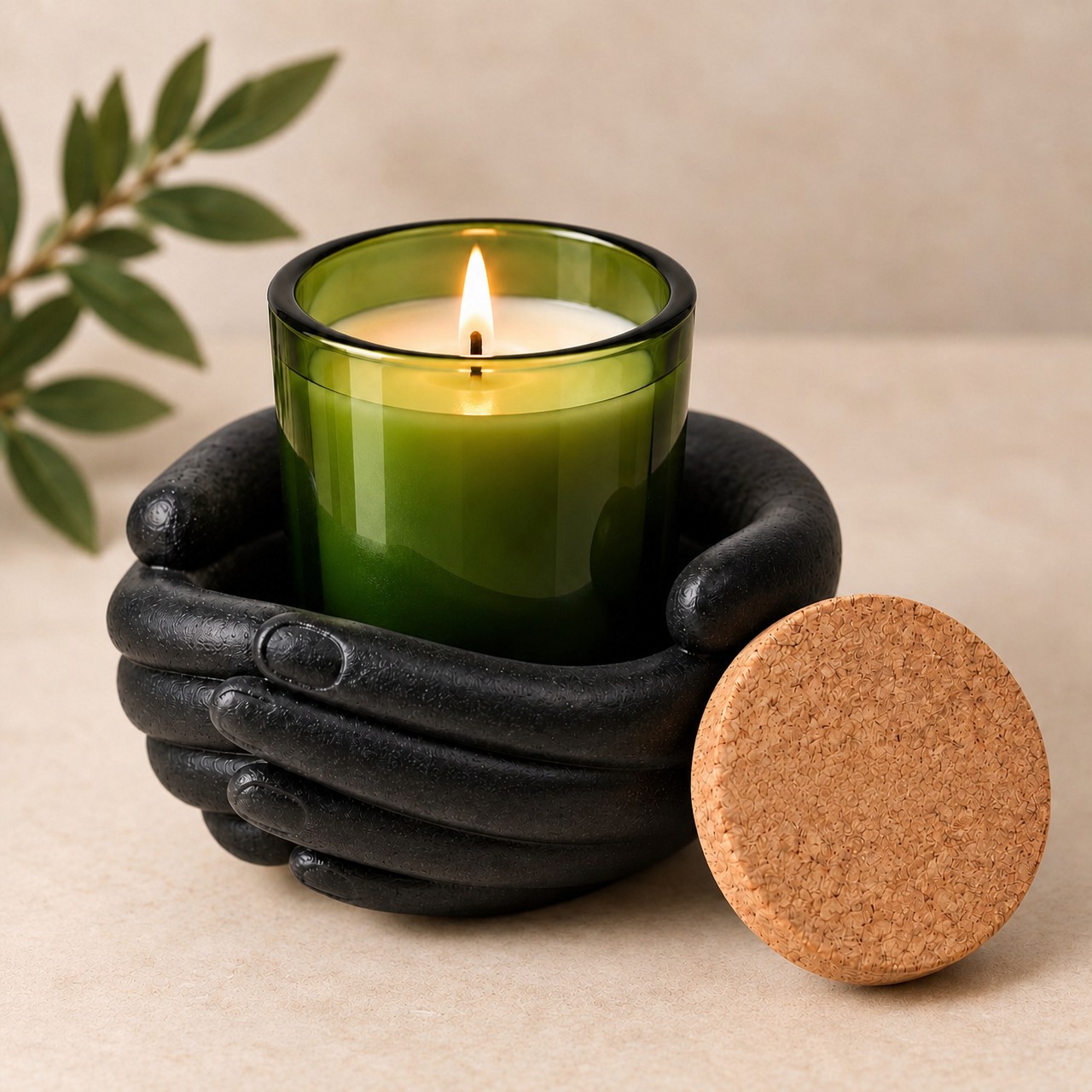 Green glass candle held in sculpted black hands