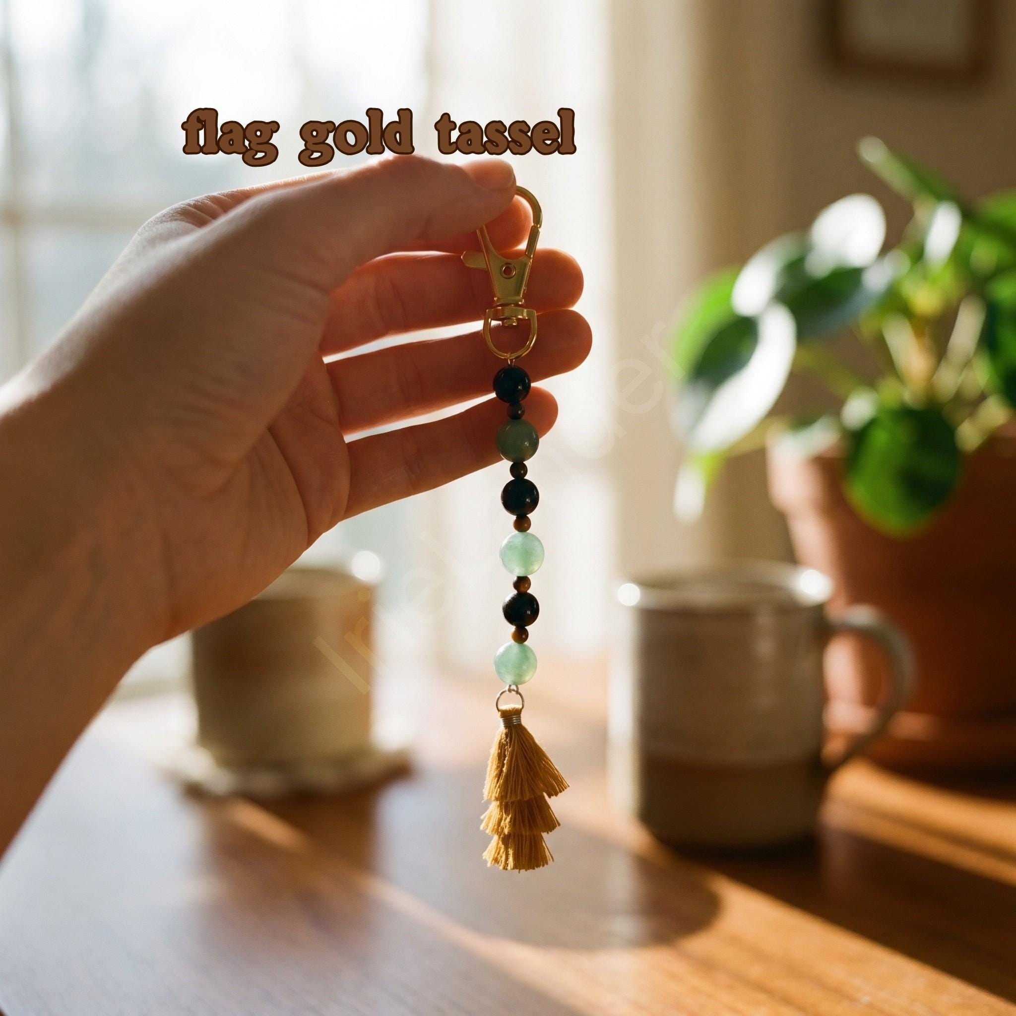 Jamaican Beaded Keychain with Tassel, sensory fidget, semi precious beads, bag charm, lobster clasp, view 2