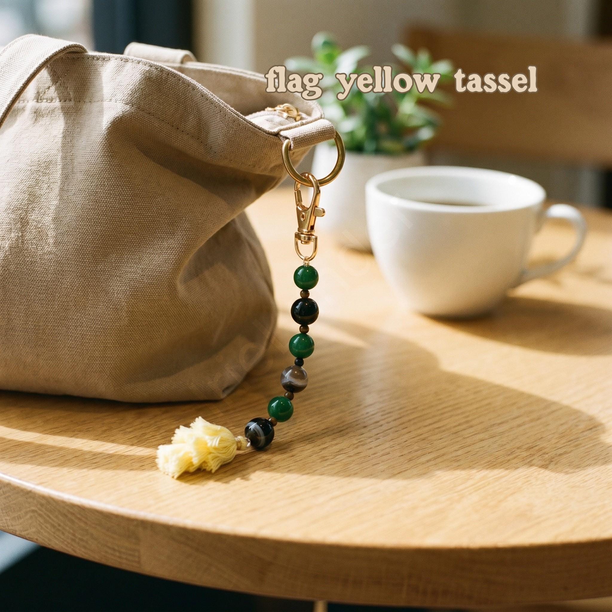 Jamaican Beaded Keychain with Tassel, sensory fidget, semi precious beads, bag charm, lobster clasp, view 3