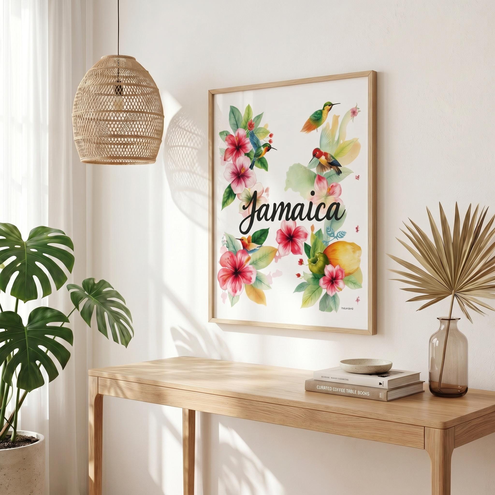 Jamaica Art, Floral Watercolor Print, Vibrant Jamaican Hibiscus Hummingbird Tropical Art (Giclée)