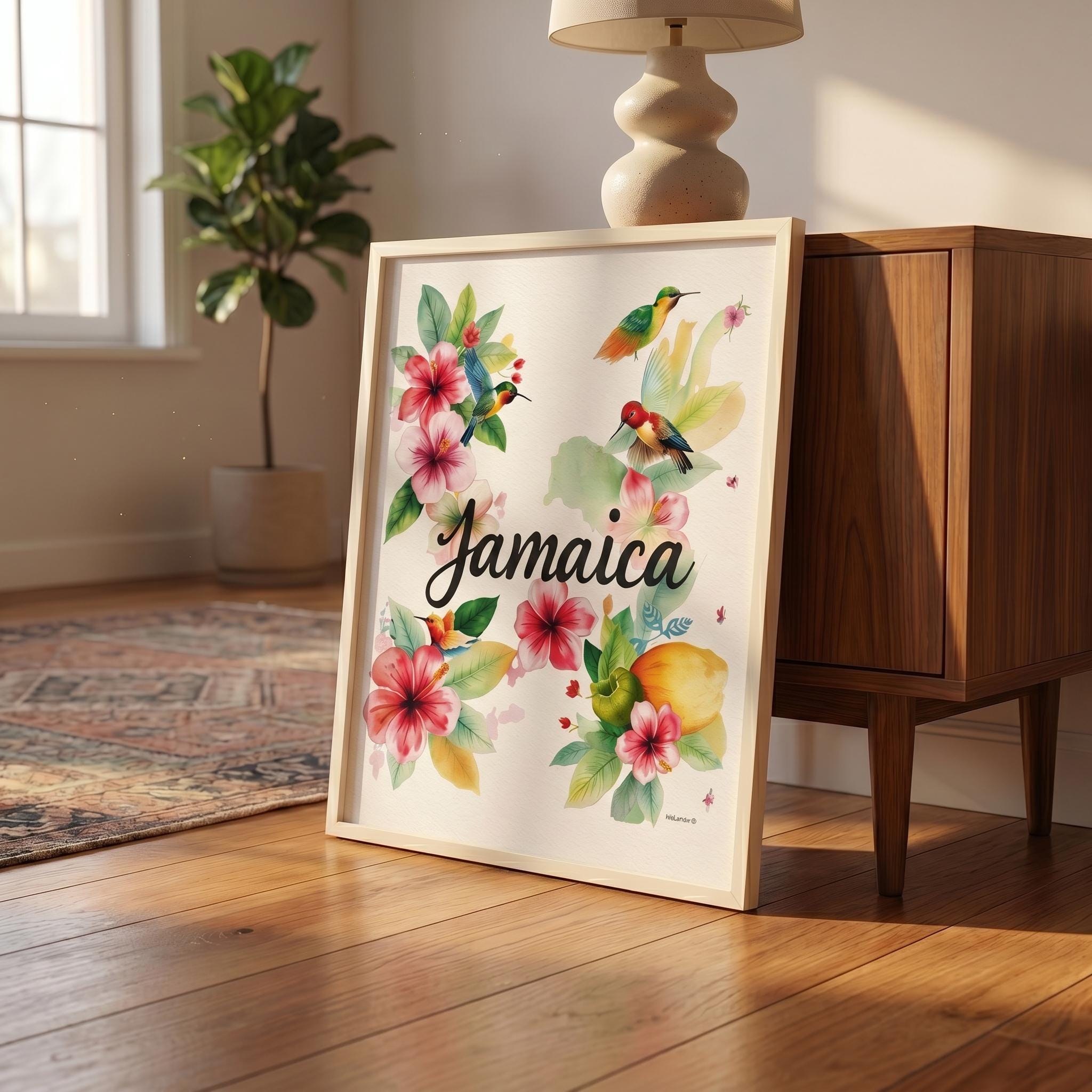 Jamaica Art, Floral Watercolor Print, Vibrant Jamaican Hibiscus Hummingbird Tropical Art (Giclée), view 2
