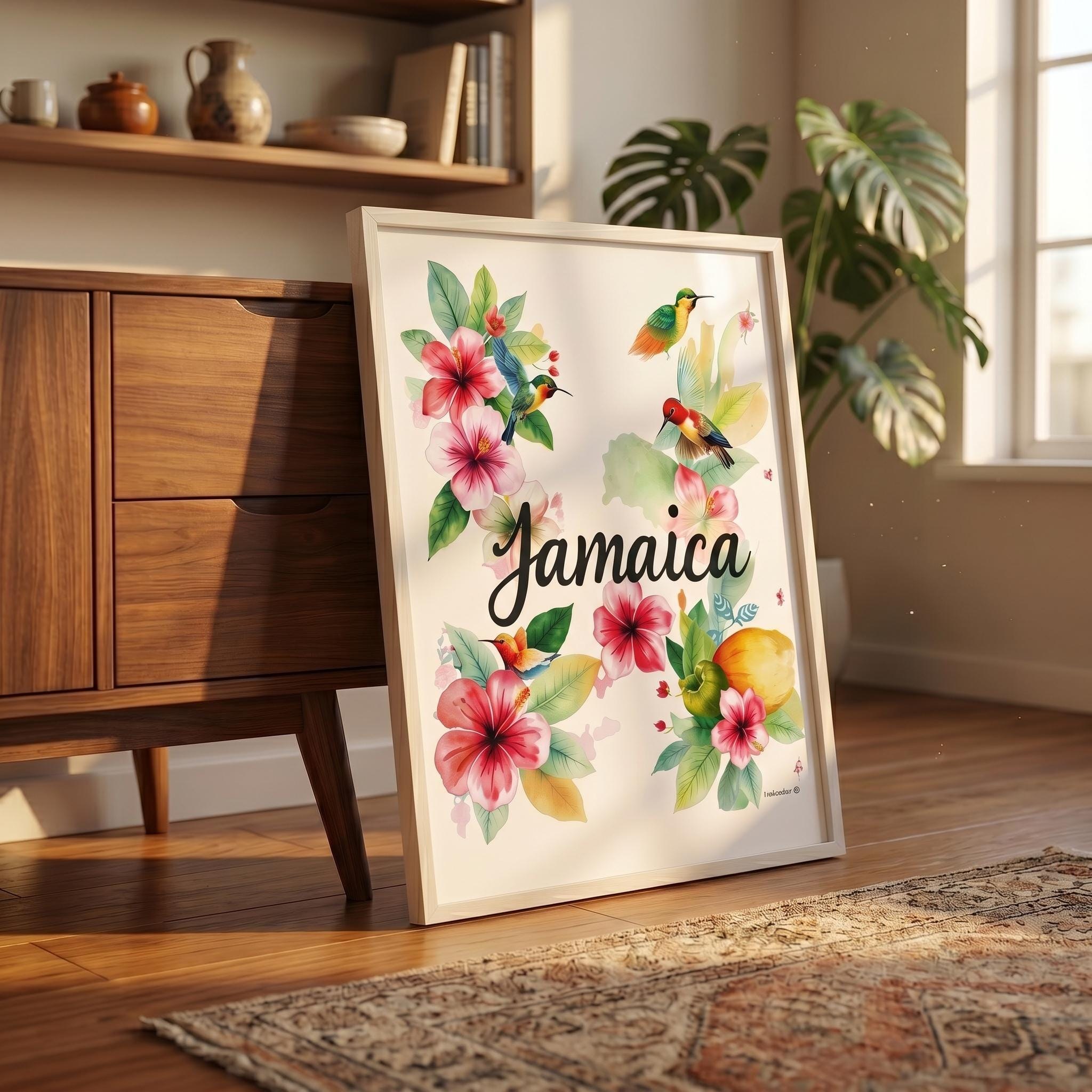 Jamaica Art, Floral Watercolor Print, Vibrant Jamaican Hibiscus Hummingbird Tropical Art (Giclée), view 3