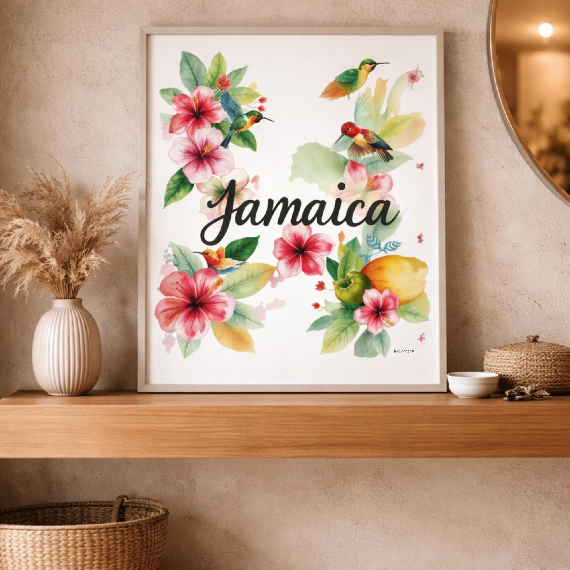 Jamaica Art, Floral Watercolor Print, Vibrant Jamaican Hibiscus Hummingbird Tropical Art (Giclée), view 4