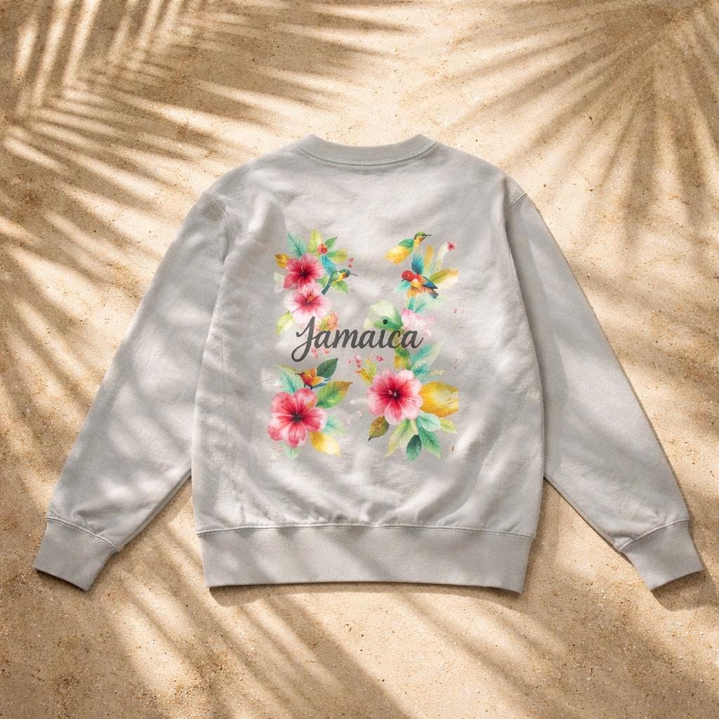 Jamaica Sweatshirt, Hummingbird Floral Champion Crewneck Sweatshirt, Jamaican Pullover, Caribbean Travel Gift Souvenir