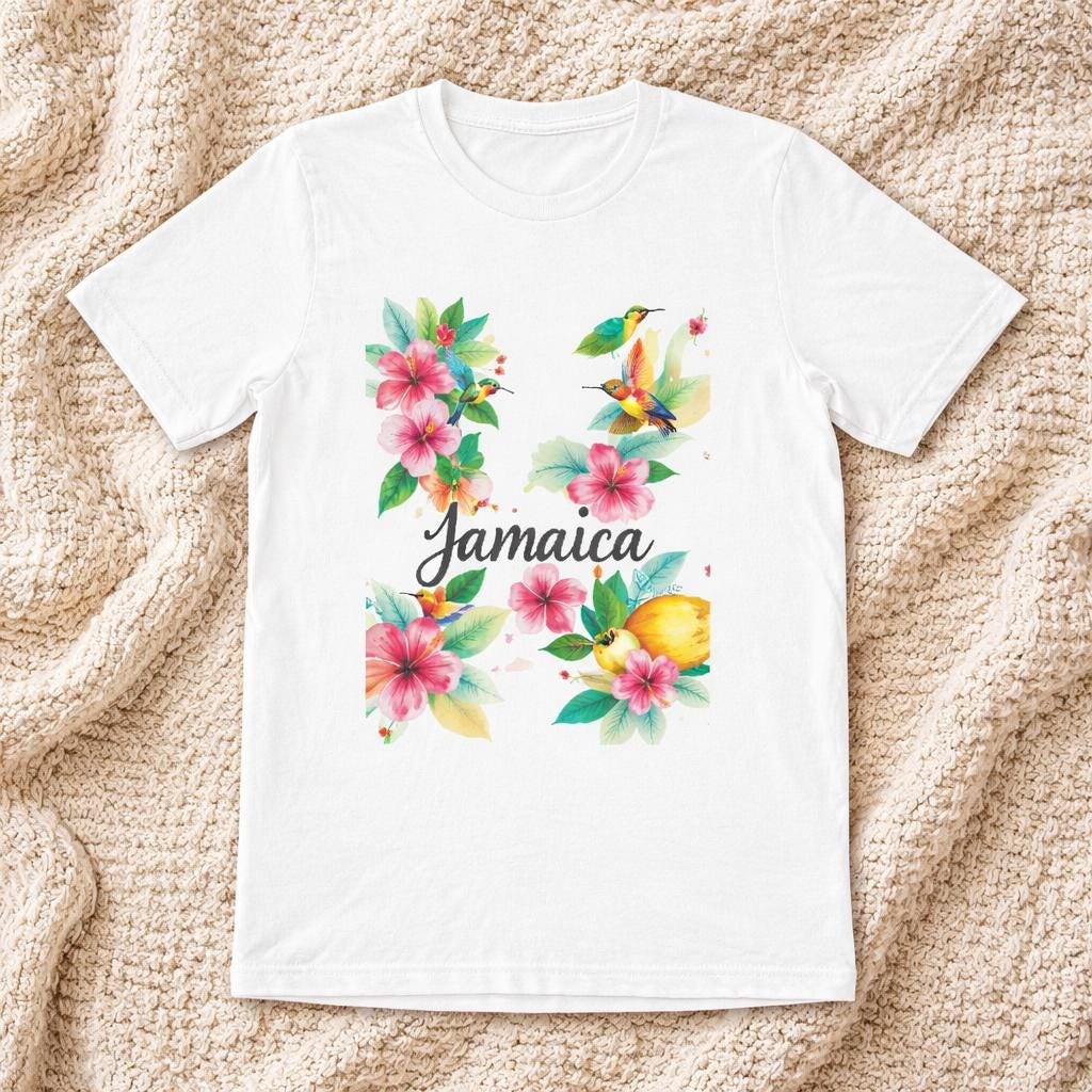Tropical Jamaica Flowers and Birds T Shirt, watercolor print, summer vacation top, island souvenir