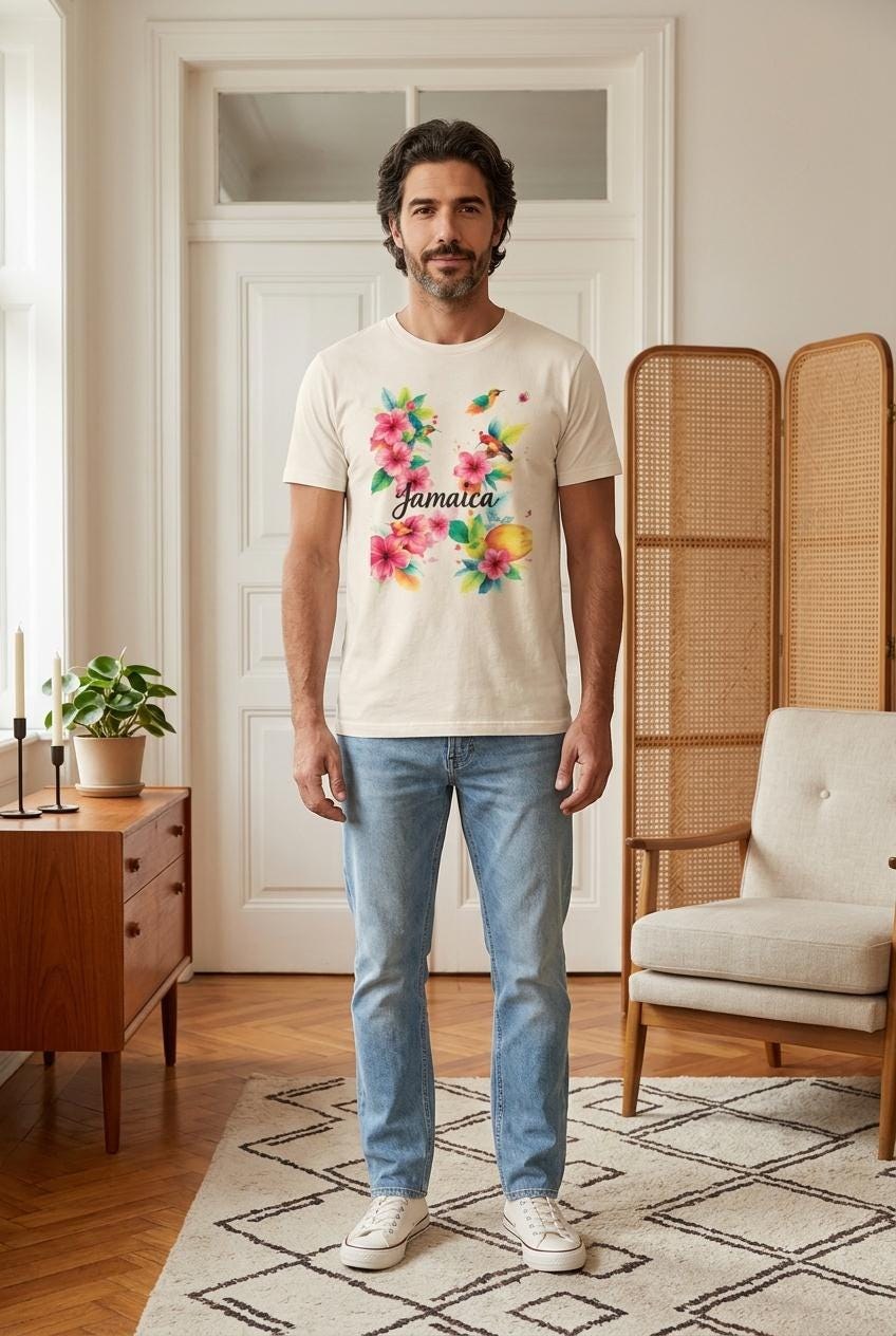 Tropical Jamaica Flowers and Birds T Shirt, watercolor print, summer vacation top, island souvenir, view 3