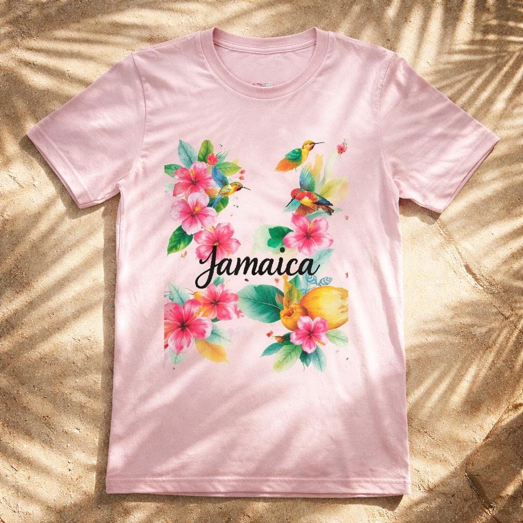 Tropical Jamaica Flowers and Birds T Shirt, watercolor print, summer vacation top, island souvenir, view 5