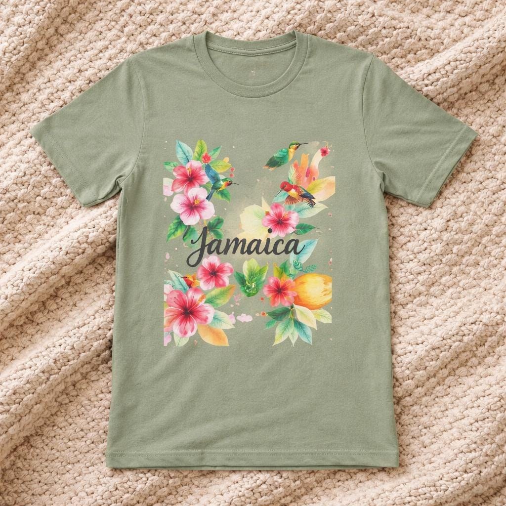 Tropical Jamaica Flowers and Birds T Shirt, watercolor print, summer vacation top, island souvenir, view 6
