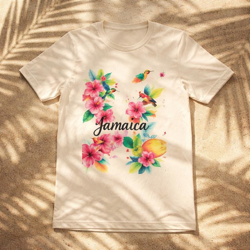 Kids Jamaica Hummingbird Floral T-Shirt, Tropical Watercolor Vacation Top