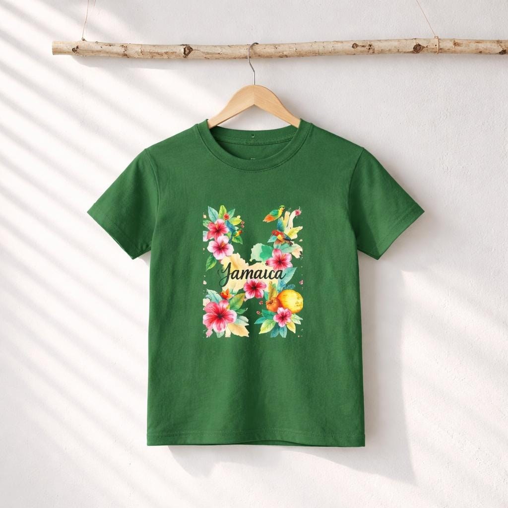 Kids Jamaica Hummingbird Floral T-Shirt, Tropical Watercolor Vacation Top, view 2