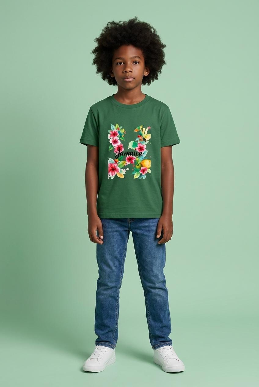 Kids Jamaica Hummingbird Floral T-Shirt, Tropical Watercolor Vacation Top, view 3
