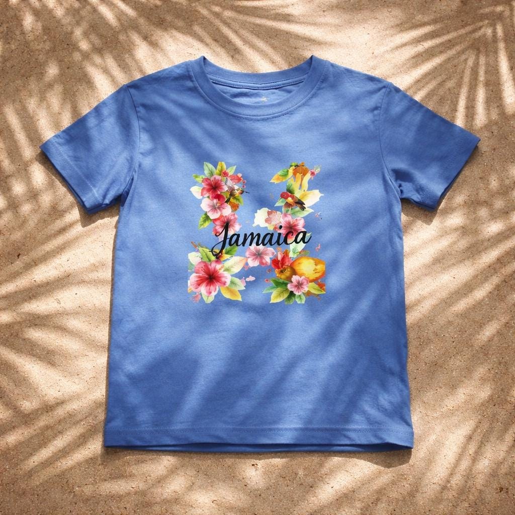 Kids Jamaica Hummingbird Floral T-Shirt, Tropical Watercolor Vacation Top, view 4