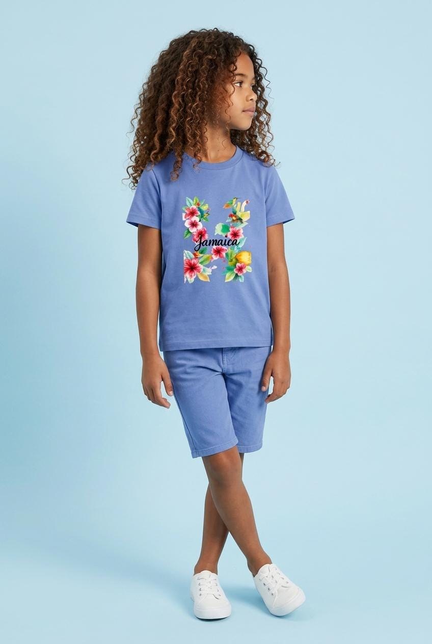 Kids Jamaica Hummingbird Floral T-Shirt, Tropical Watercolor Vacation Top, view 6