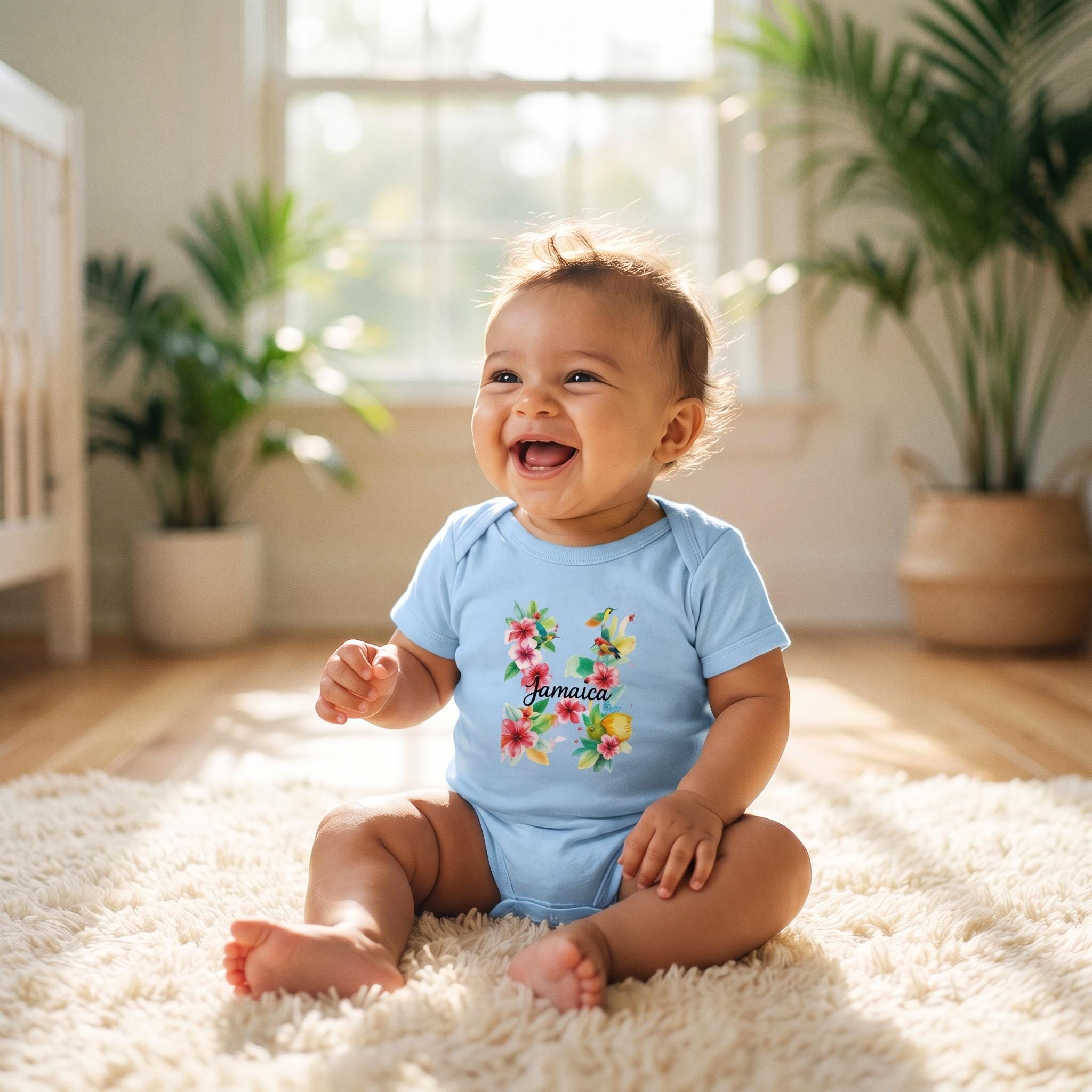 Jamaica Baby Bodysuit, Hummingbird Hibiscus Floral, Soft Cotton Infant Romper, view 2