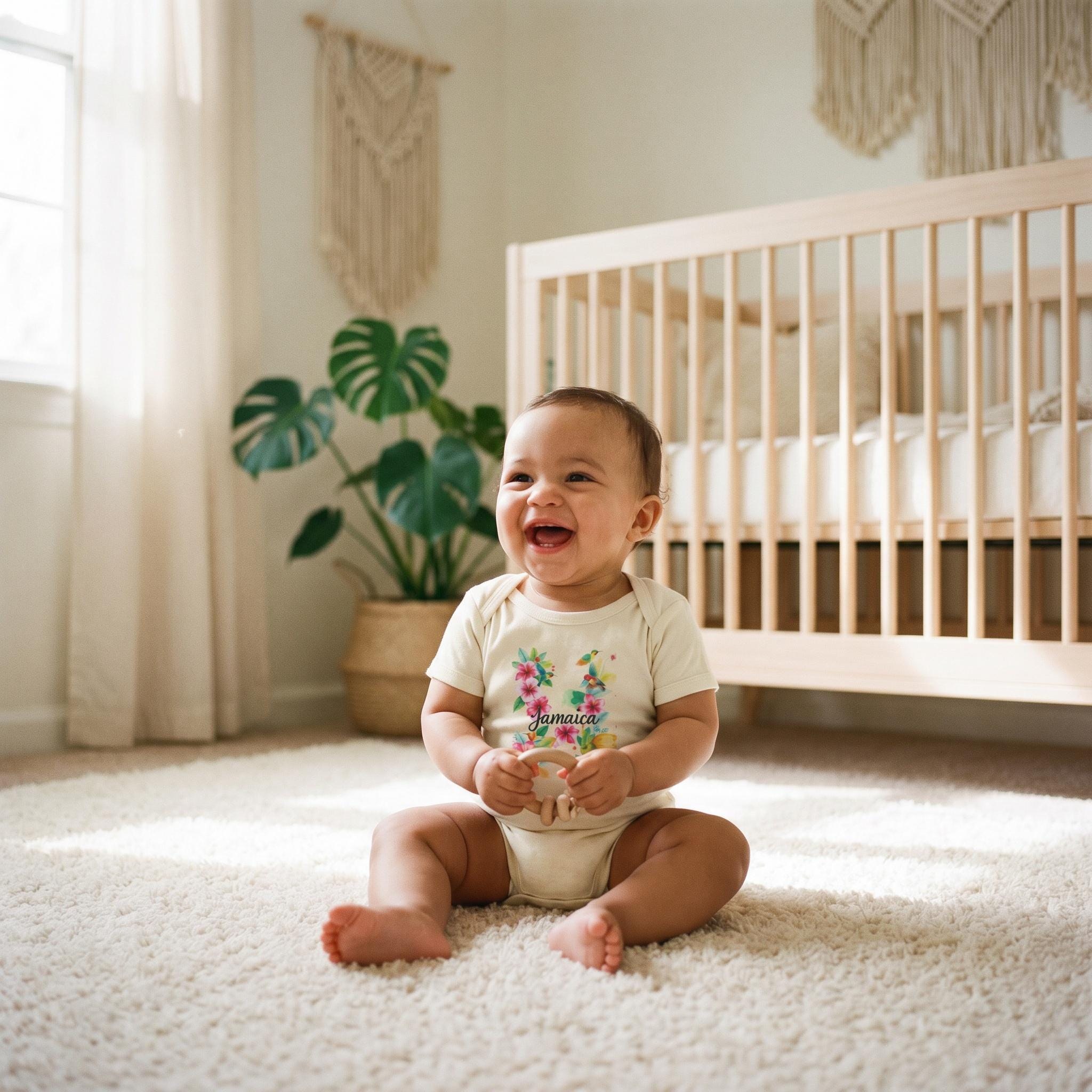 Jamaica Baby Bodysuit, Hummingbird Hibiscus Floral, Soft Cotton Infant Romper, view 4