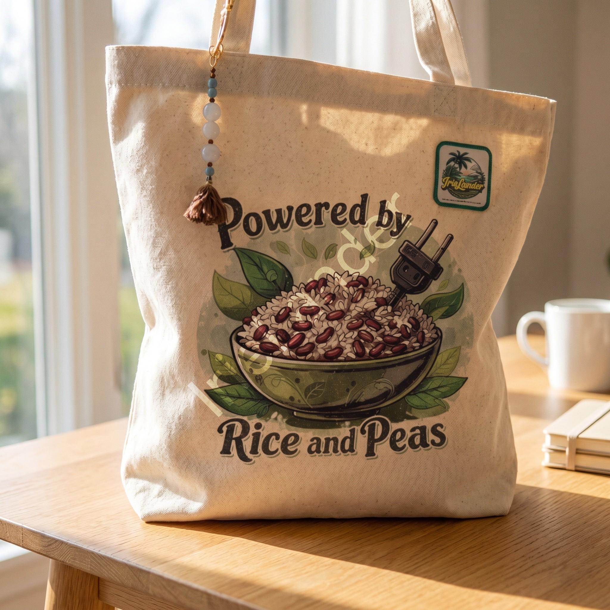 Rice And Peas Jamaica Tote Bag with Keychain Charm, Foodie Bag, Caribbean Art Canvas, view 3
