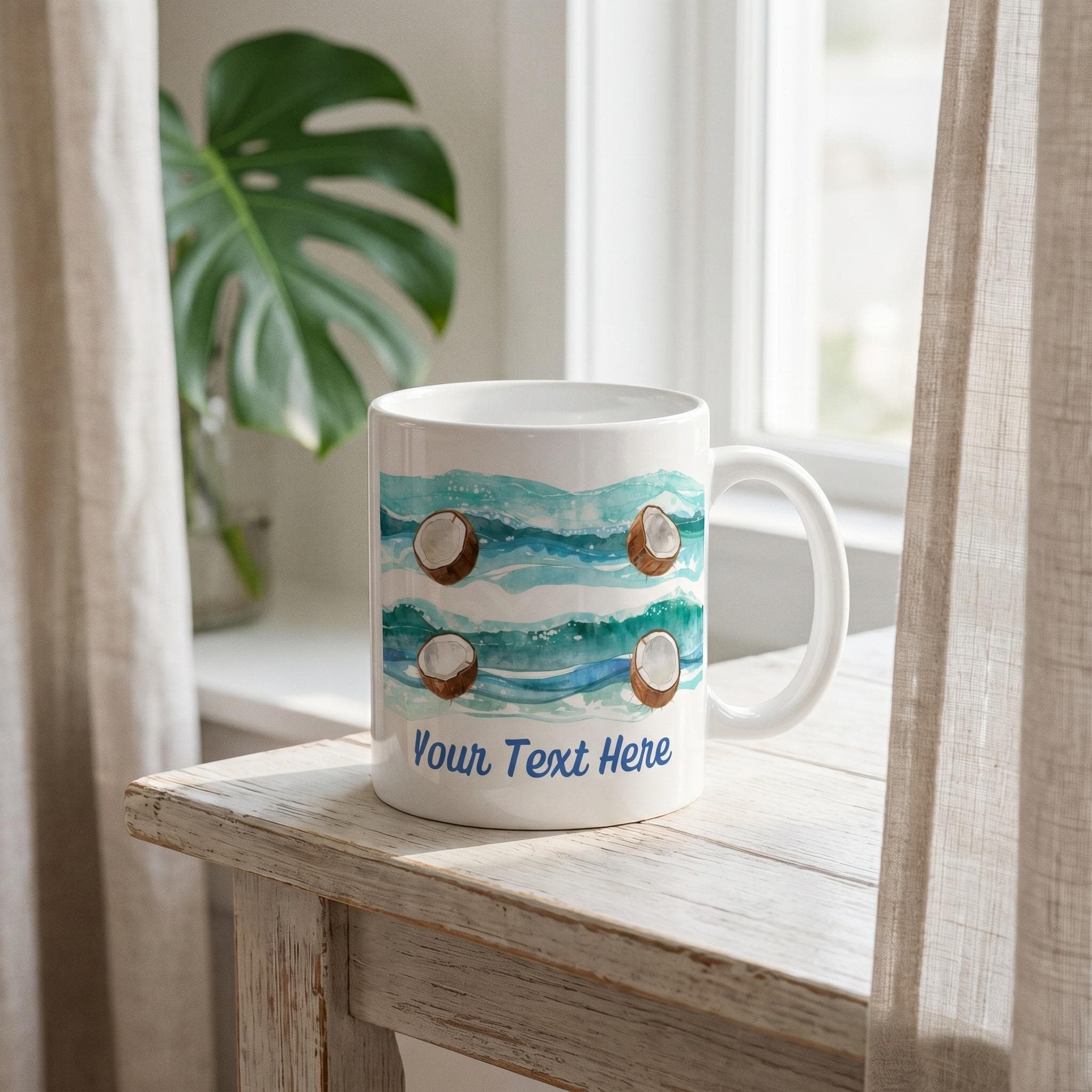 Coconut Waves Personalized Mug, Handmade Caribbean Beach Art, Teacher, Dad, Mom, Wedding Favor