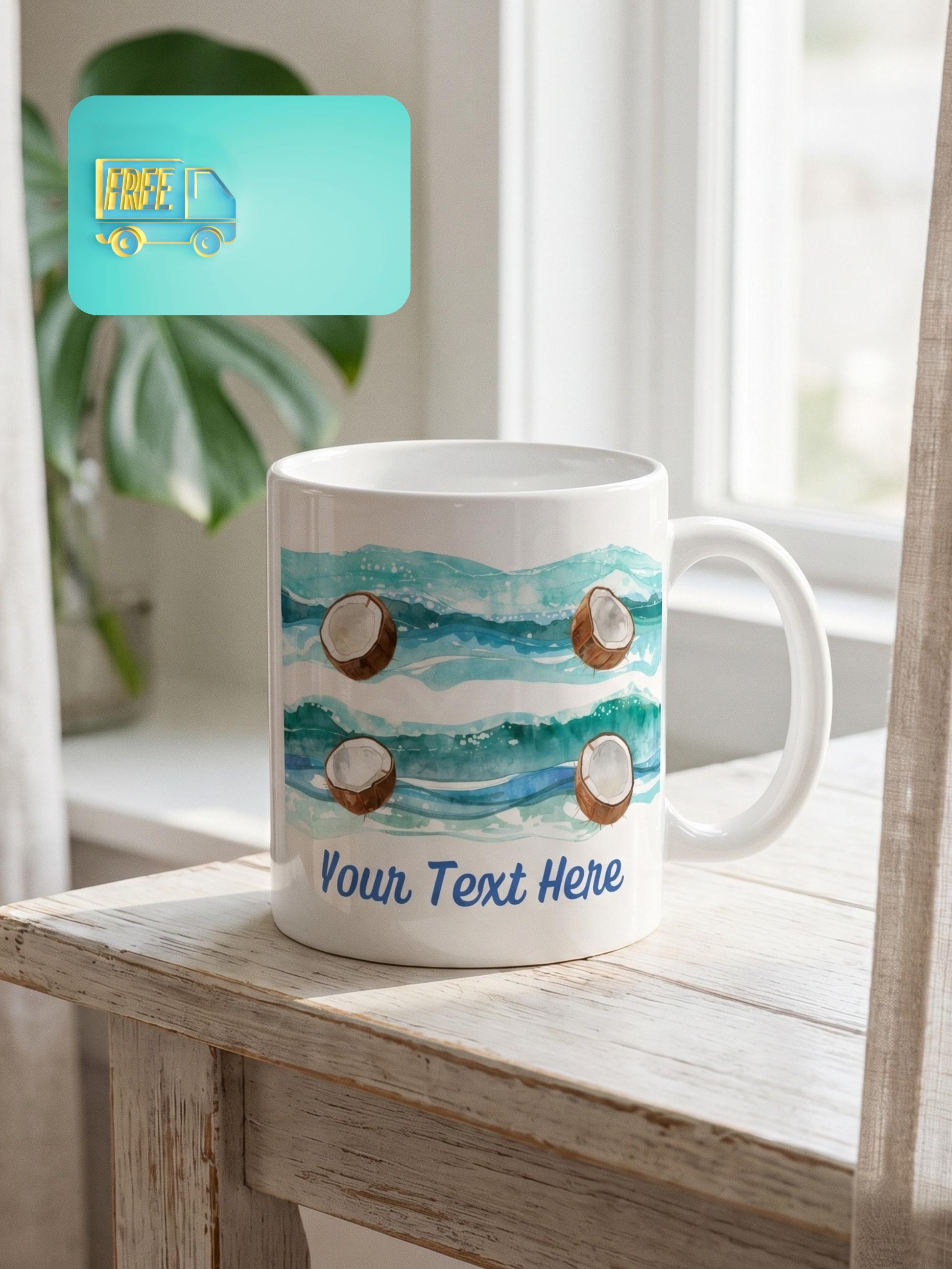 Coconut Waves Personalized Mug, Handmade Caribbean Beach Art, Teacher, Dad, Mom, Wedding Favor, view 2