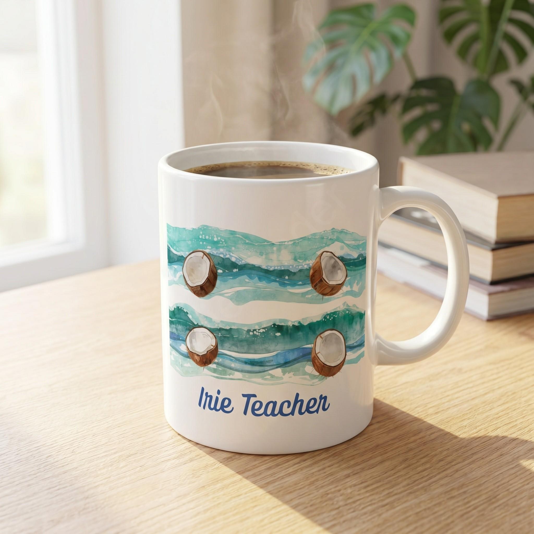 Coconut Waves Personalized Mug, Handmade Caribbean Beach Art, Teacher, Dad, Mom, Wedding Favor, view 4