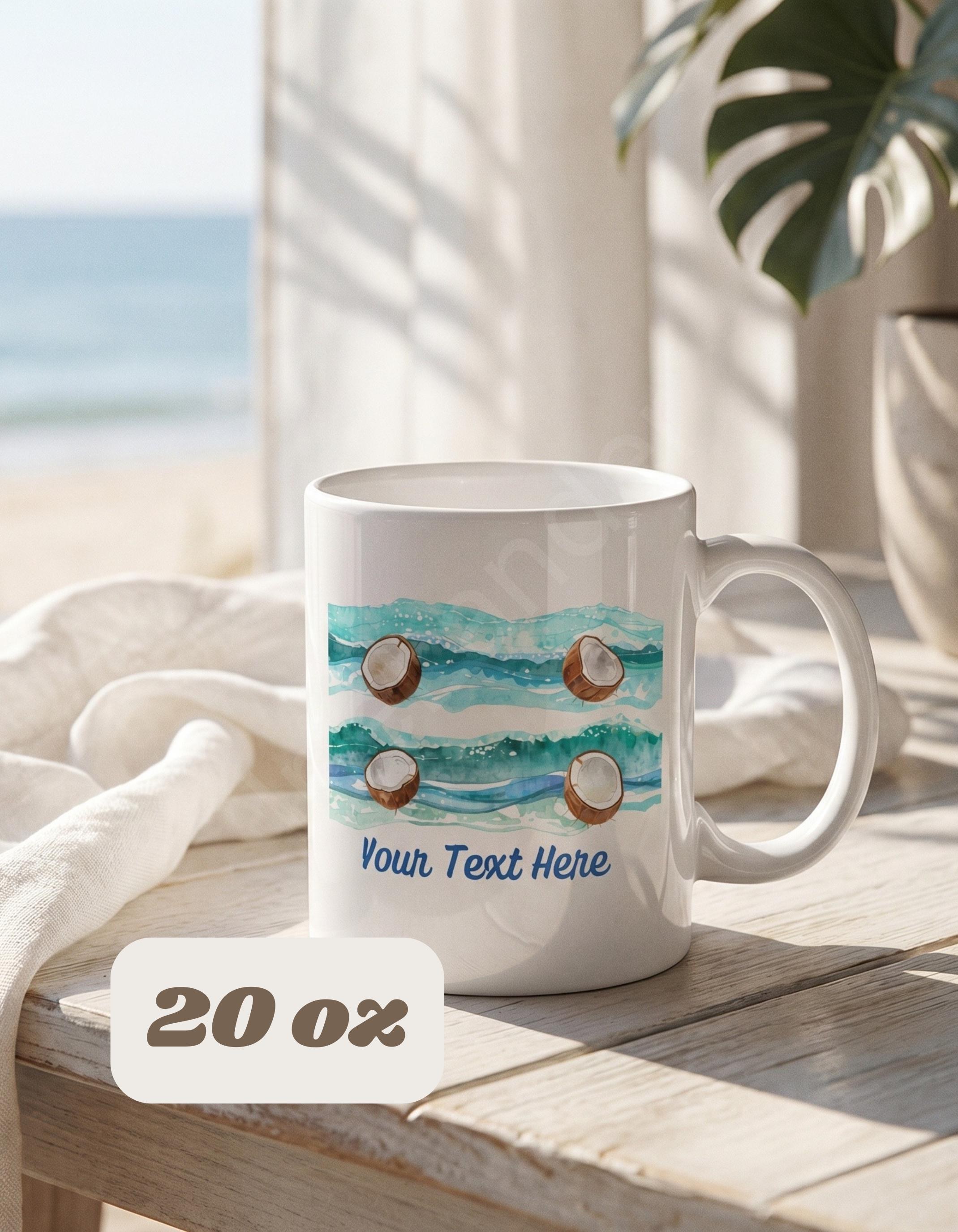Coconut Waves Personalized Mug, Handmade Caribbean Beach Art, Teacher, Dad, Mom, Wedding Favor, view 6