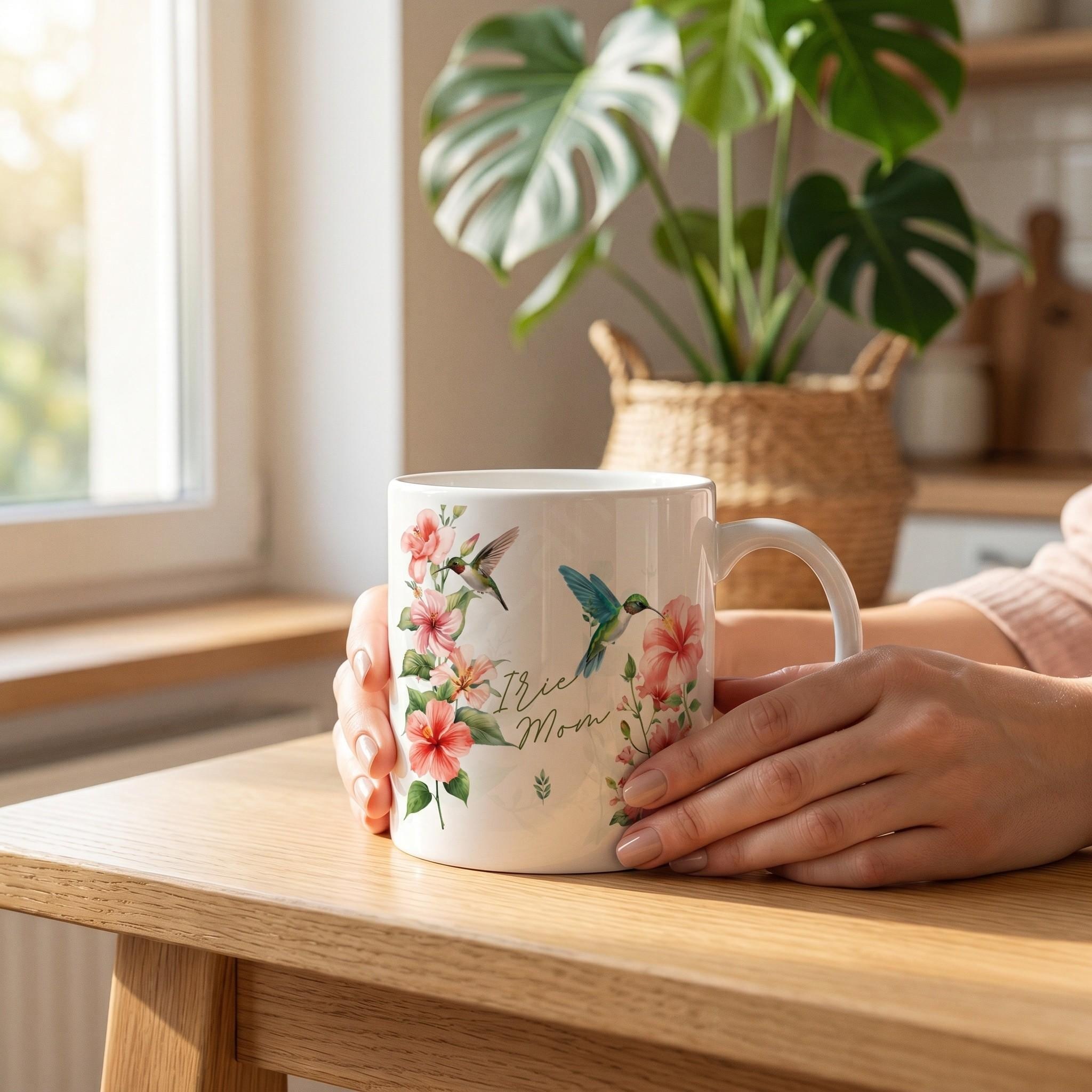 Floral Hummingbird Caribbean Ceramic Mug, Personalize with name, Artisan Artwork, Wedding Party, Teacher Appreciation
