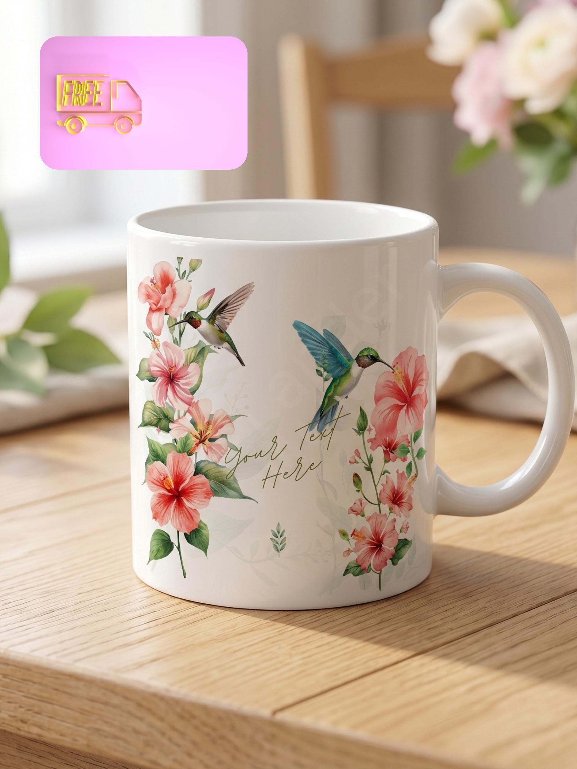 Floral Hummingbird Caribbean Ceramic Mug, Personalize with name, Artisan Artwork, Wedding Party, Teacher Appreciation, view 2