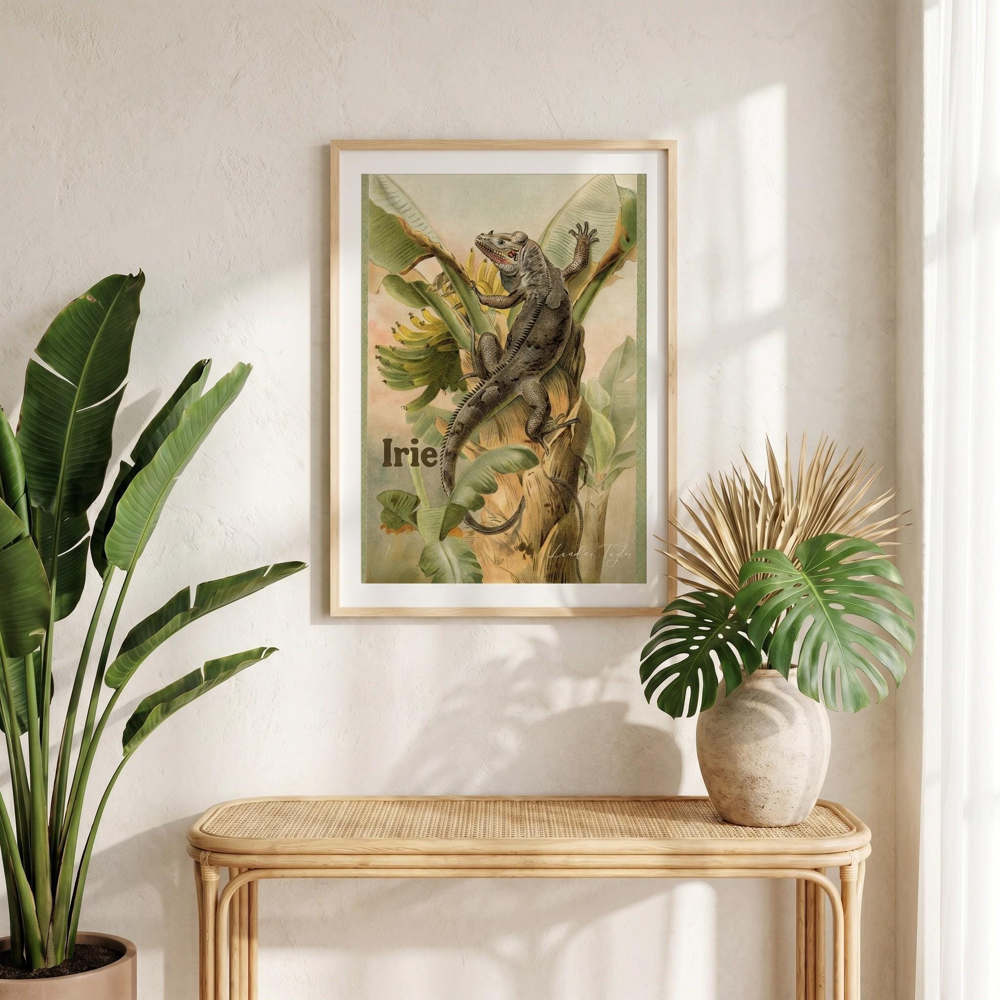 Iguana Art Climbing Banana Tree Botanical Print, tropical wall decor, Jamaican island style
