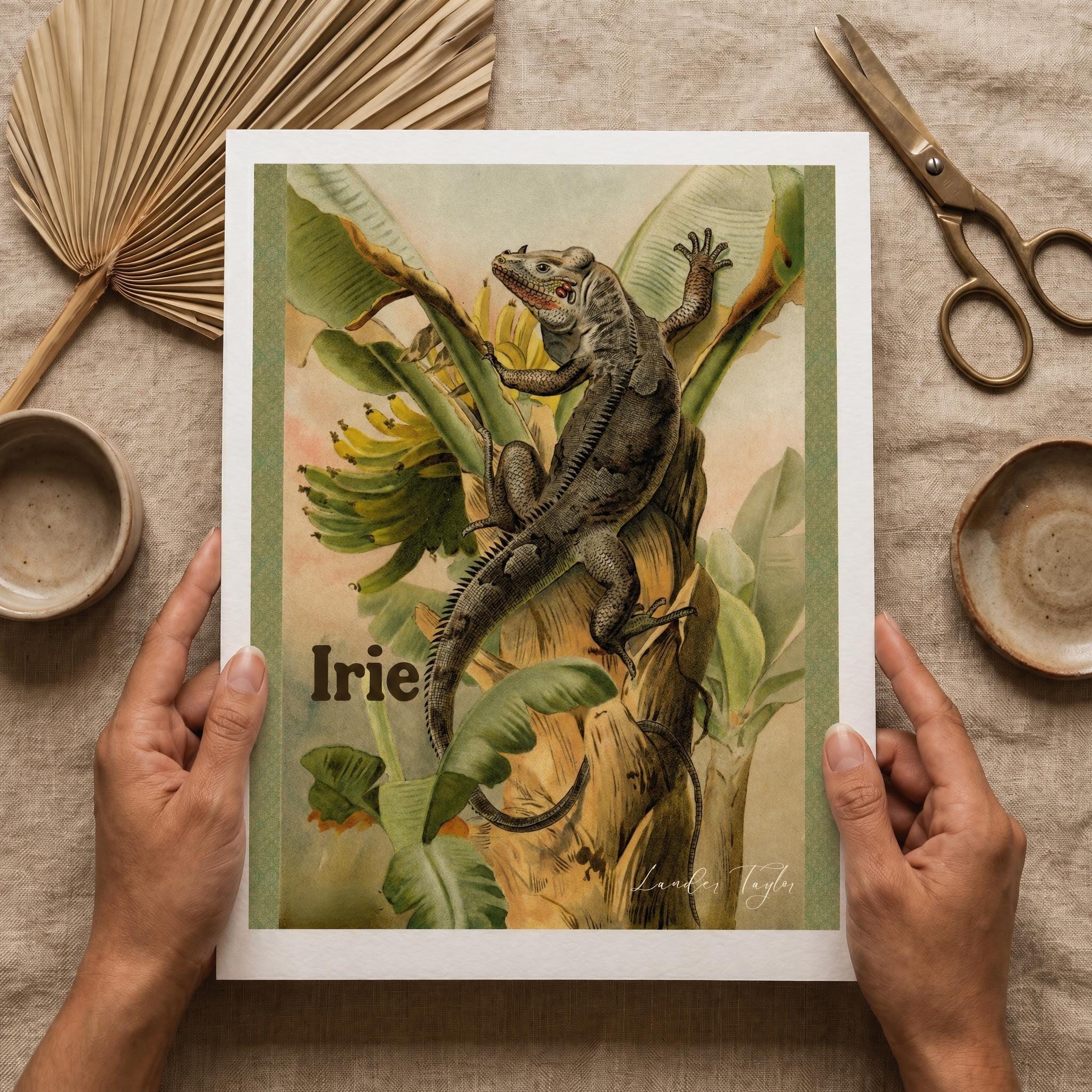 Iguana Art Climbing Banana Tree Botanical Print, tropical wall decor, Jamaican island style, view 2