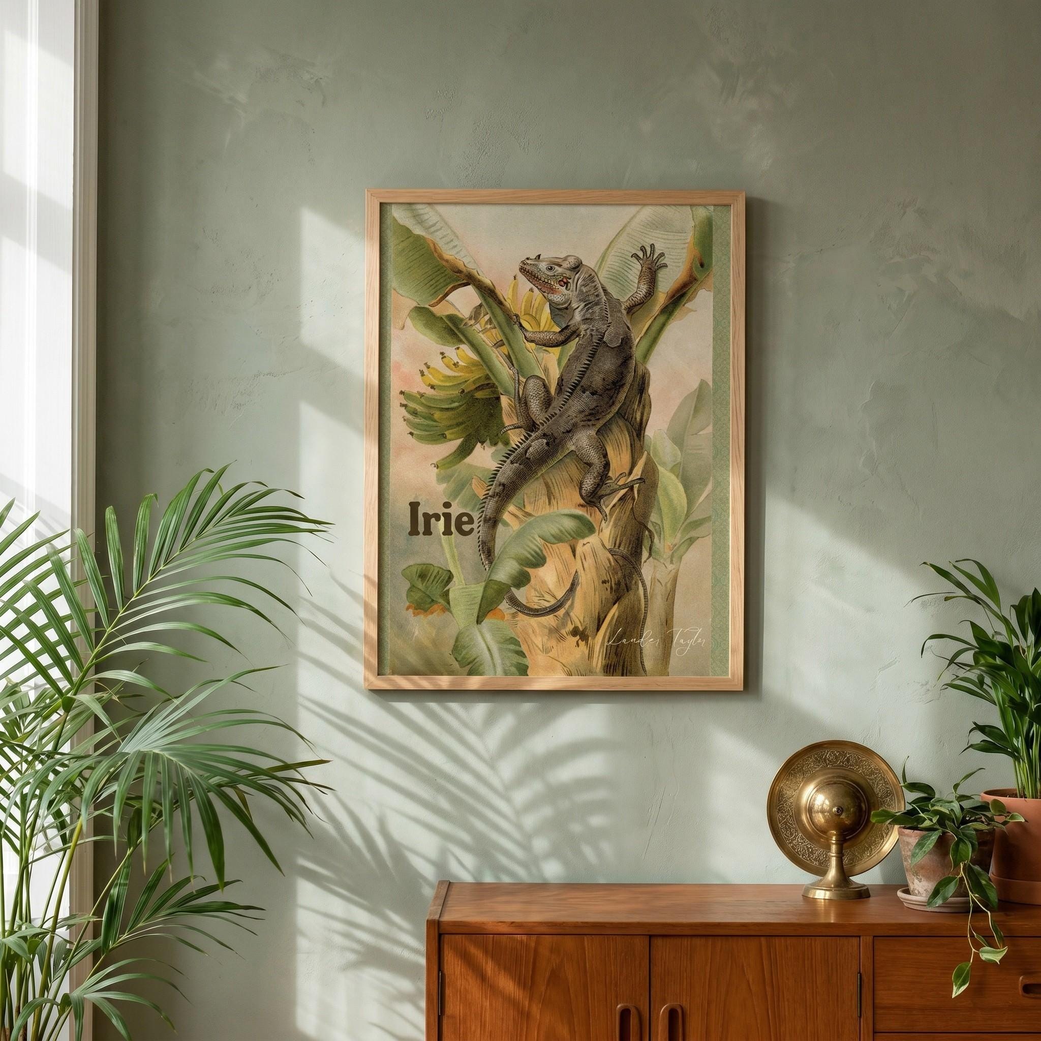 Iguana Art Climbing Banana Tree Botanical Print, tropical wall decor, Jamaican island style, view 3