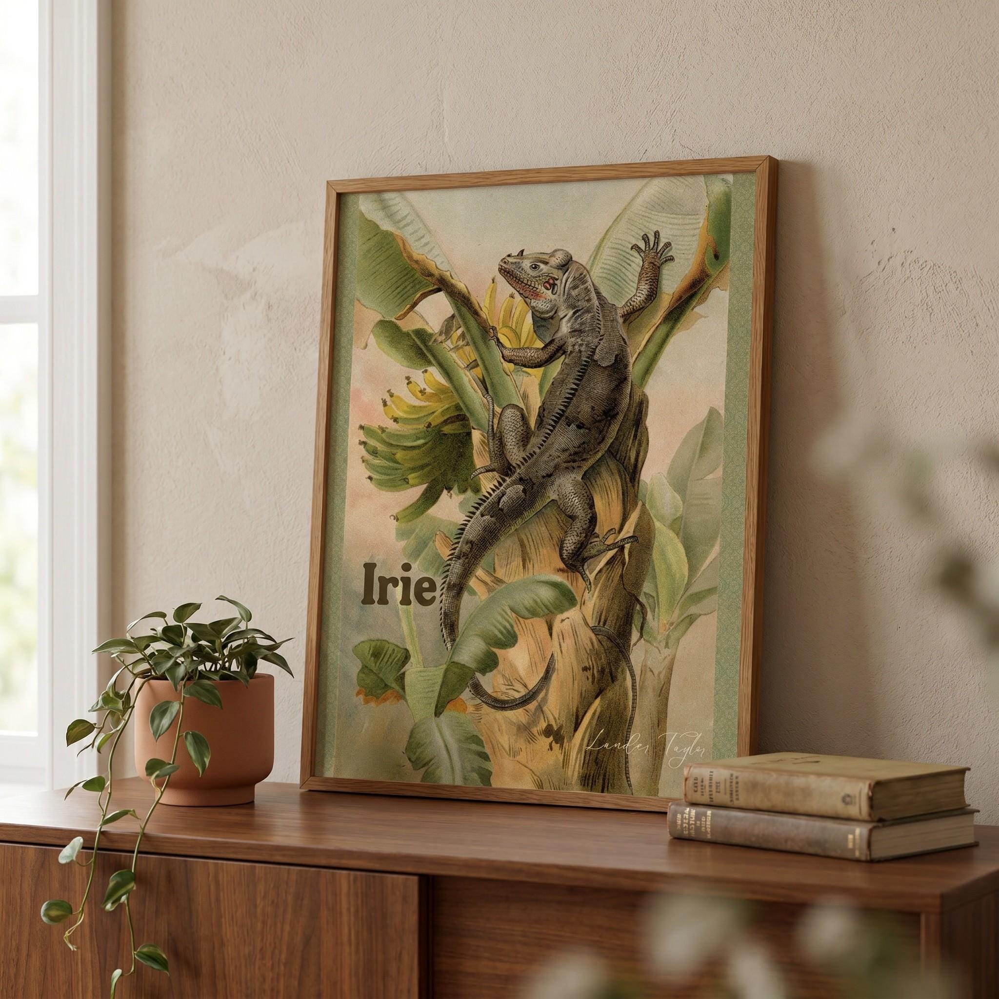 Iguana Art Climbing Banana Tree Botanical Print, tropical wall decor, Jamaican island style, view 5