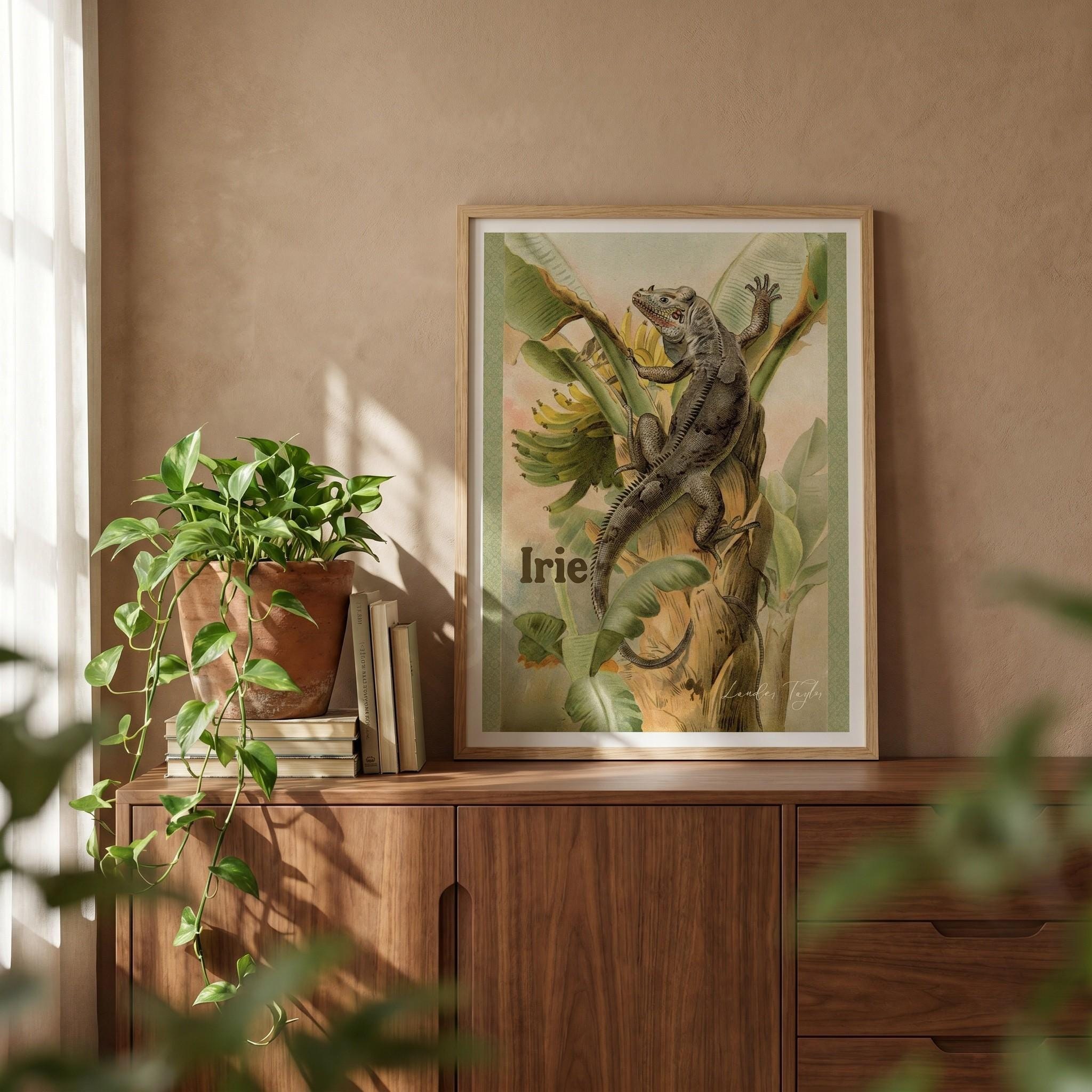 Iguana Art Climbing Banana Tree Botanical Print, tropical wall decor, Jamaican island style, view 6