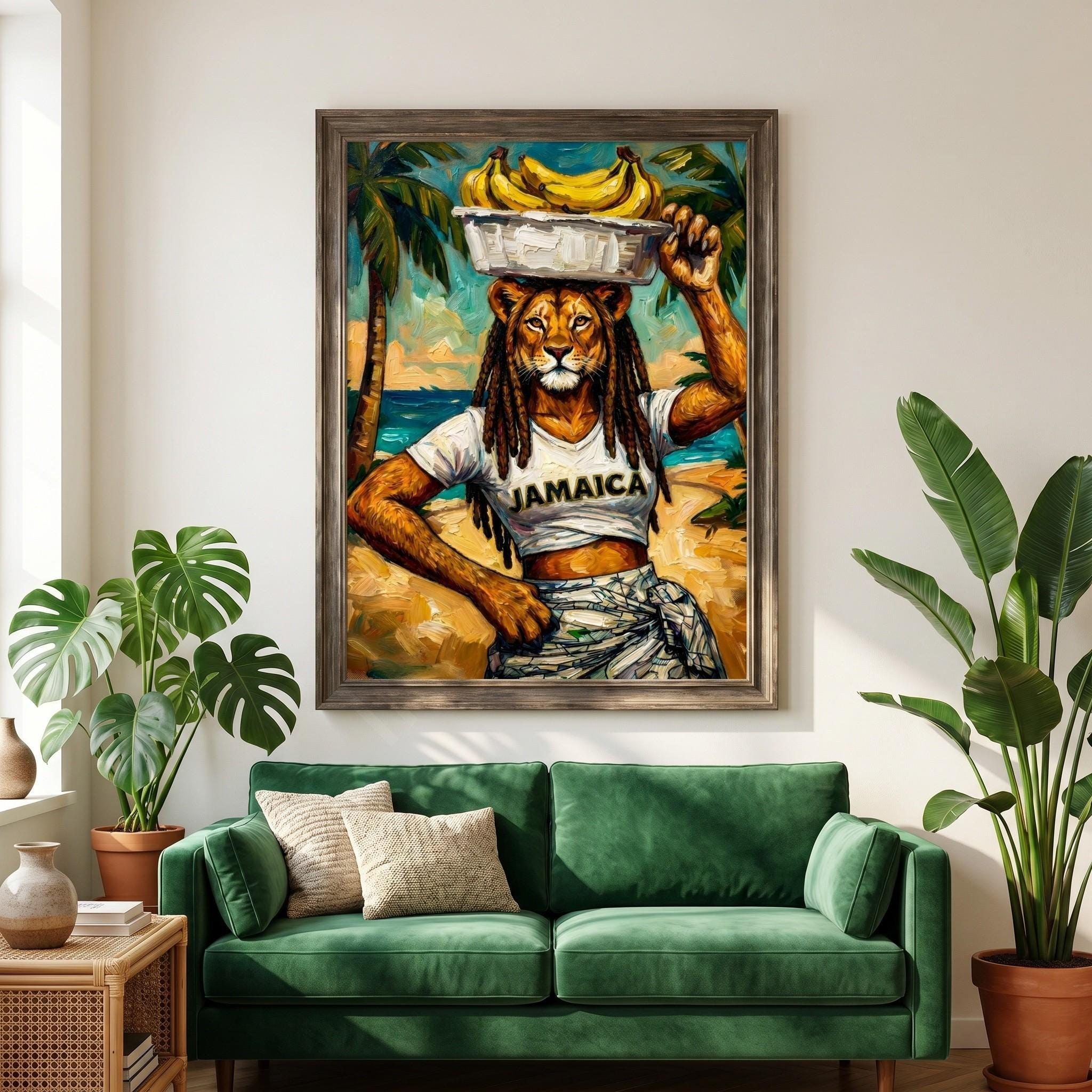 Jamaica Vintage Art, Tropical Lioness Banana Carrier Giclée Print, Lion Art, Whimsical, Painting Style