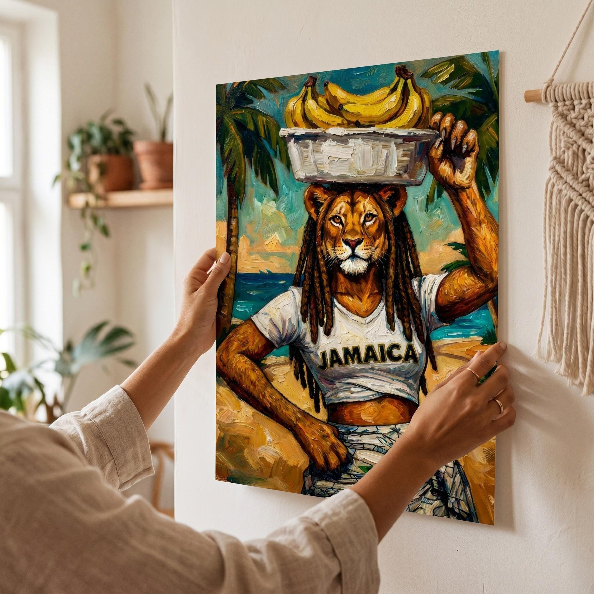 Jamaica Vintage Art, Tropical Lioness Banana Carrier Giclée Print, Lion Art, Whimsical, Painting Style, view 2