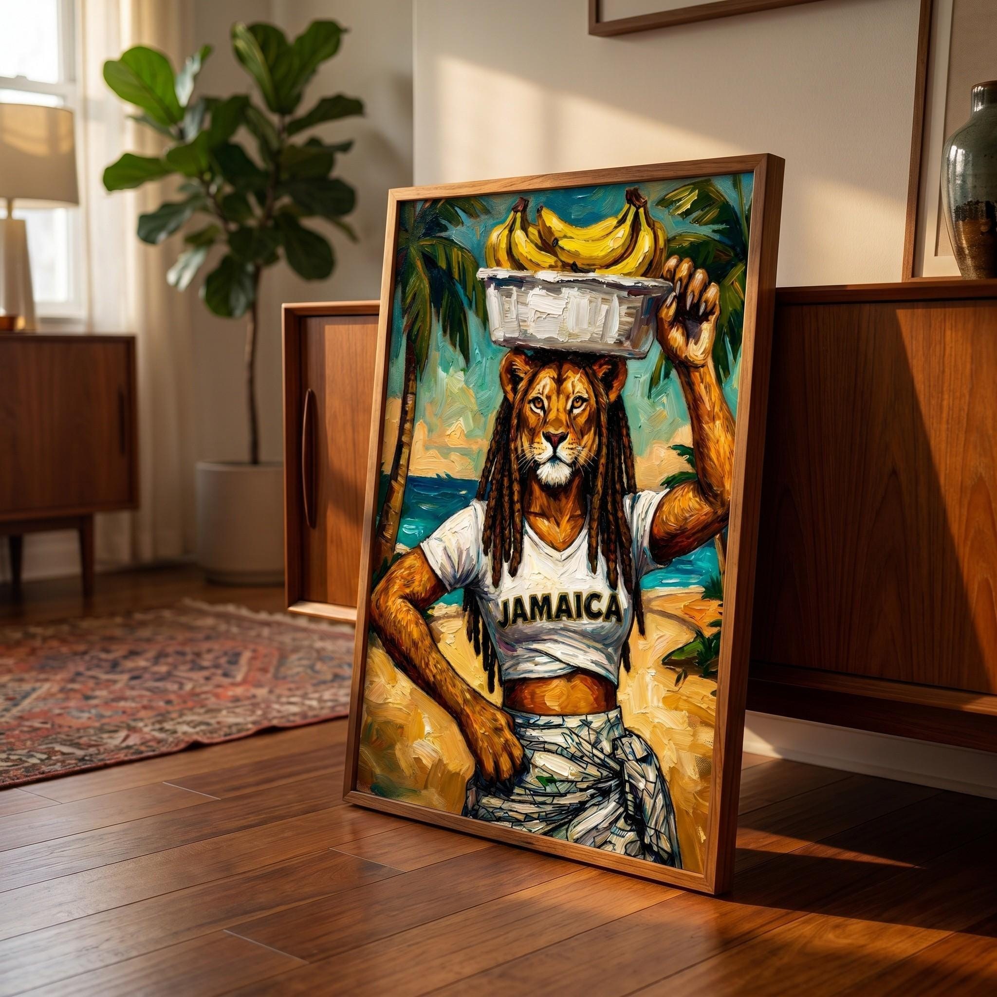 Jamaica Vintage Art, Tropical Lioness Banana Carrier Giclée Print, Lion Art, Whimsical, Painting Style, view 3