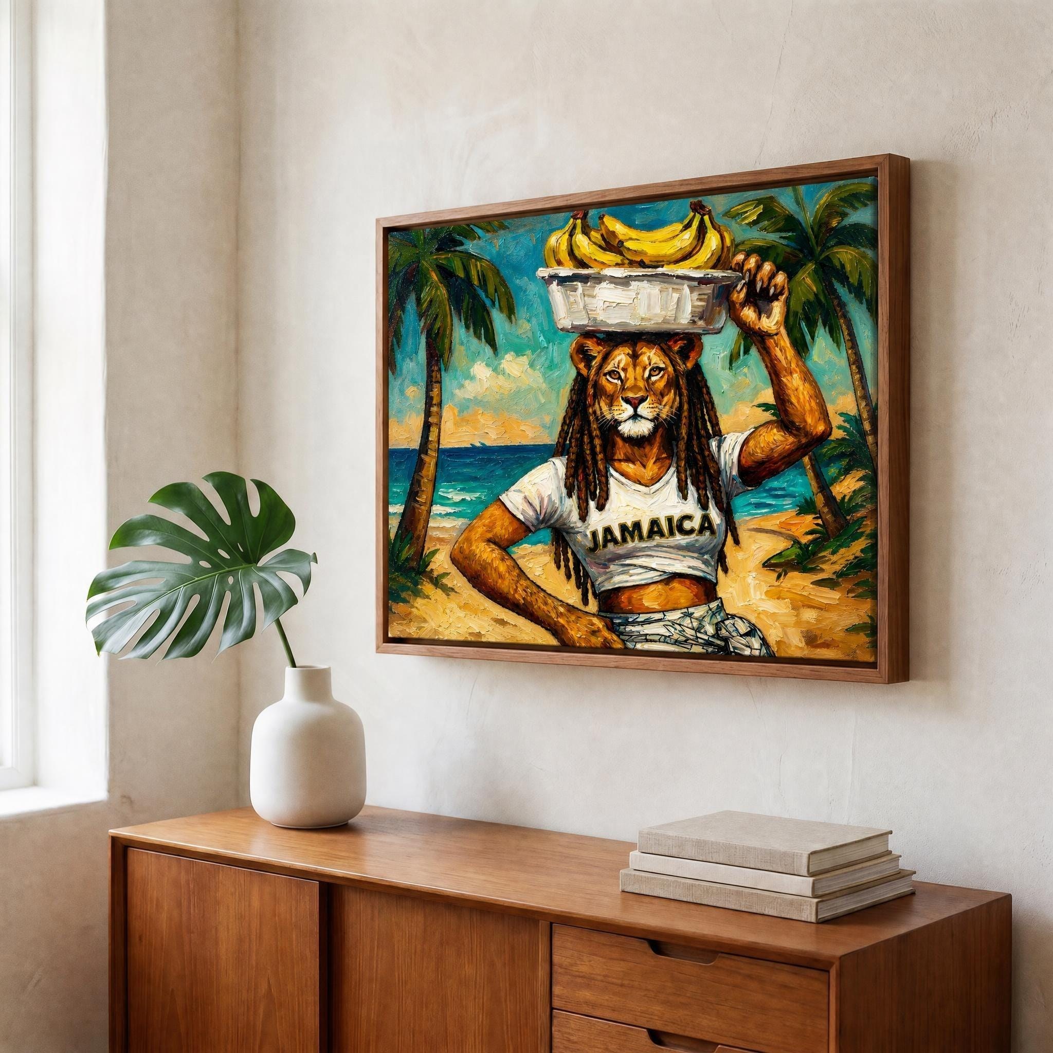 Jamaica Vintage Art, Tropical Lioness Banana Carrier Giclée Print, Lion Art, Whimsical, Painting Style, view 4